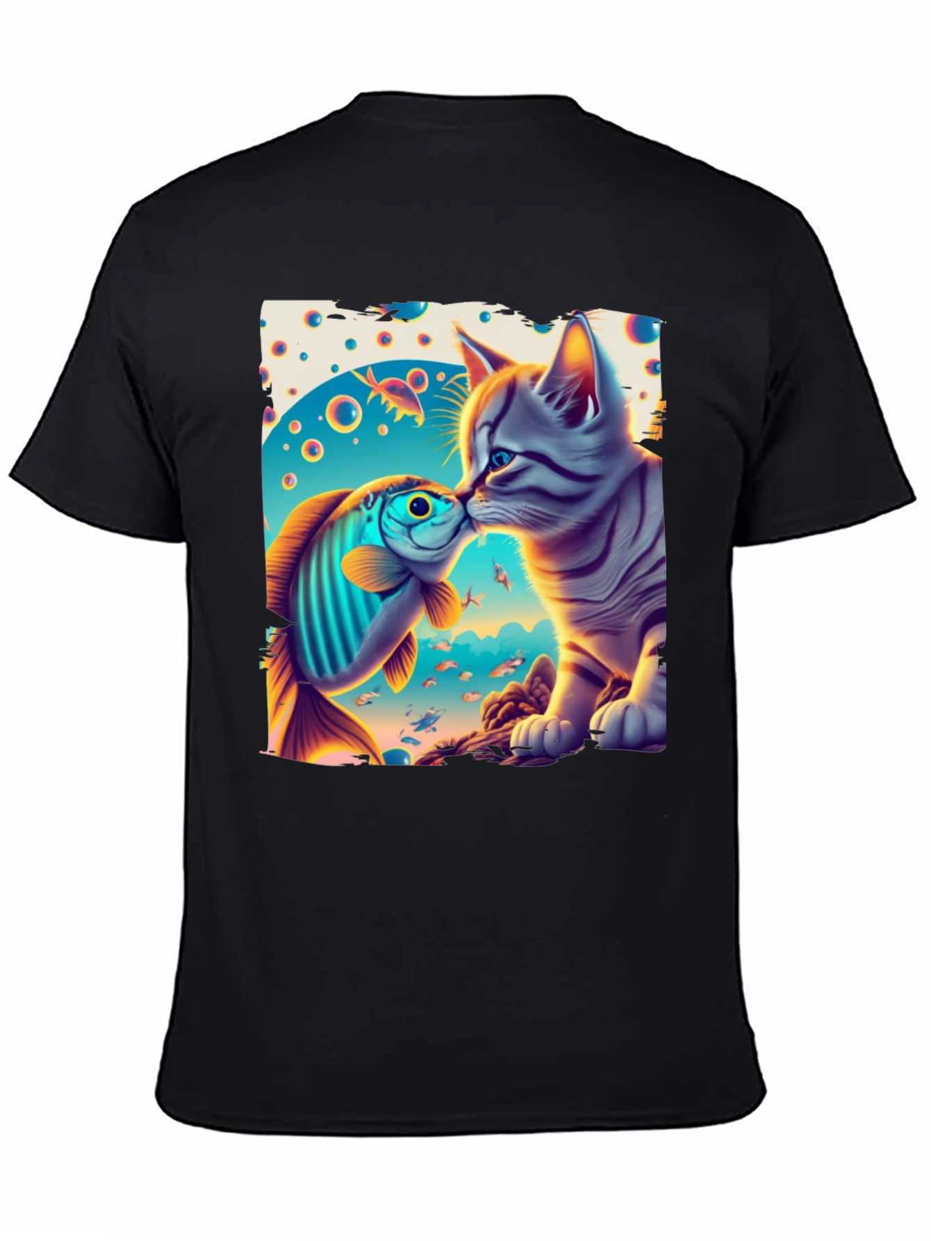Camiseta Negra con Diseño Gato y Pez Besándose