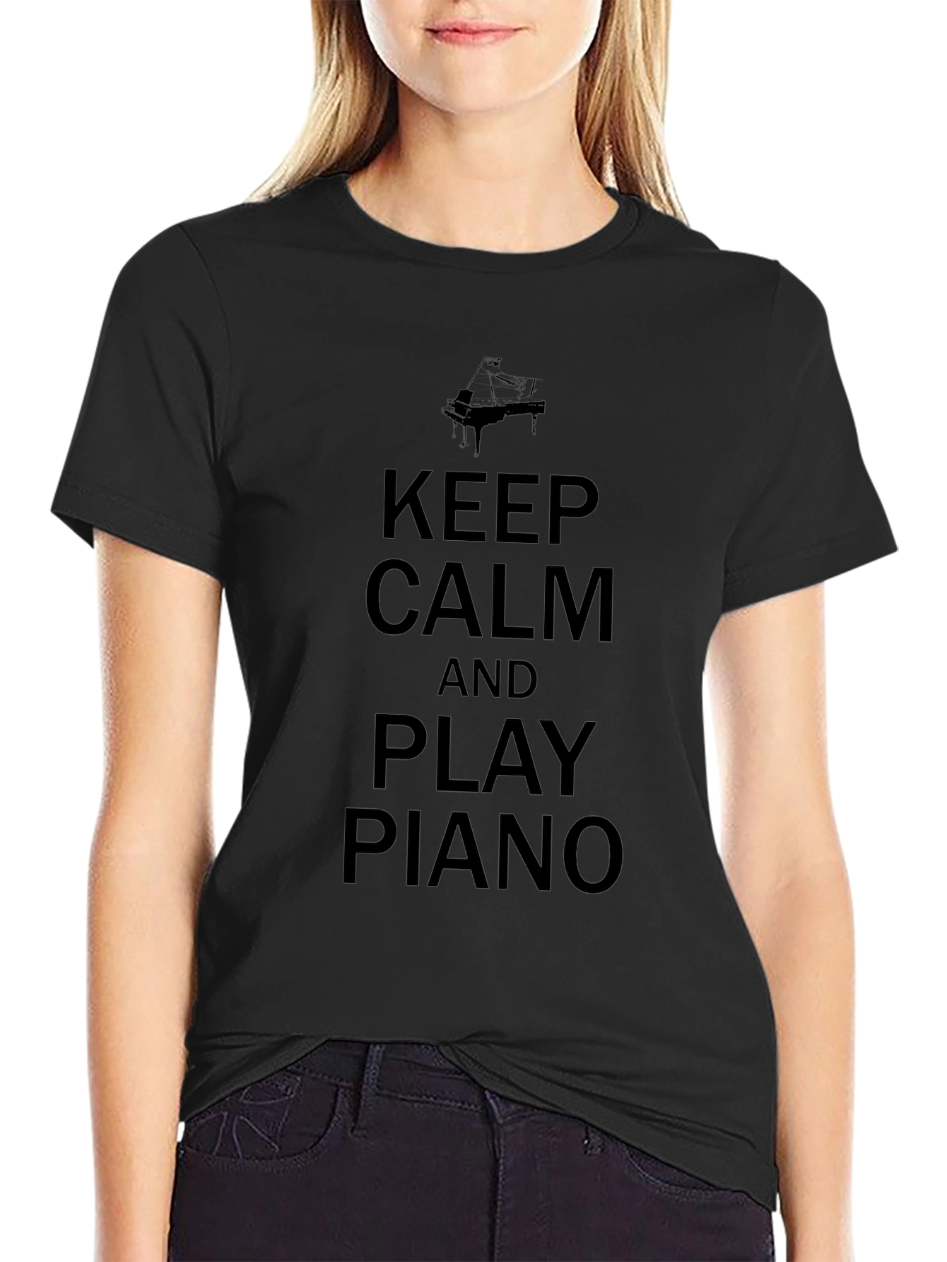 Camiseta Negra: Keep Calm y Play Piano