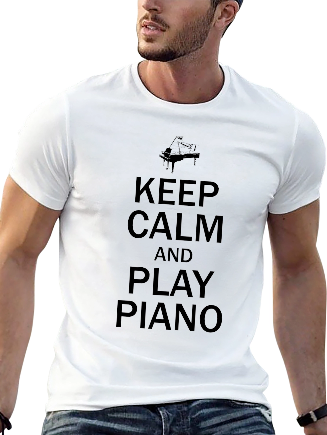 Camiseta Negra: Keep Calm y Play Piano