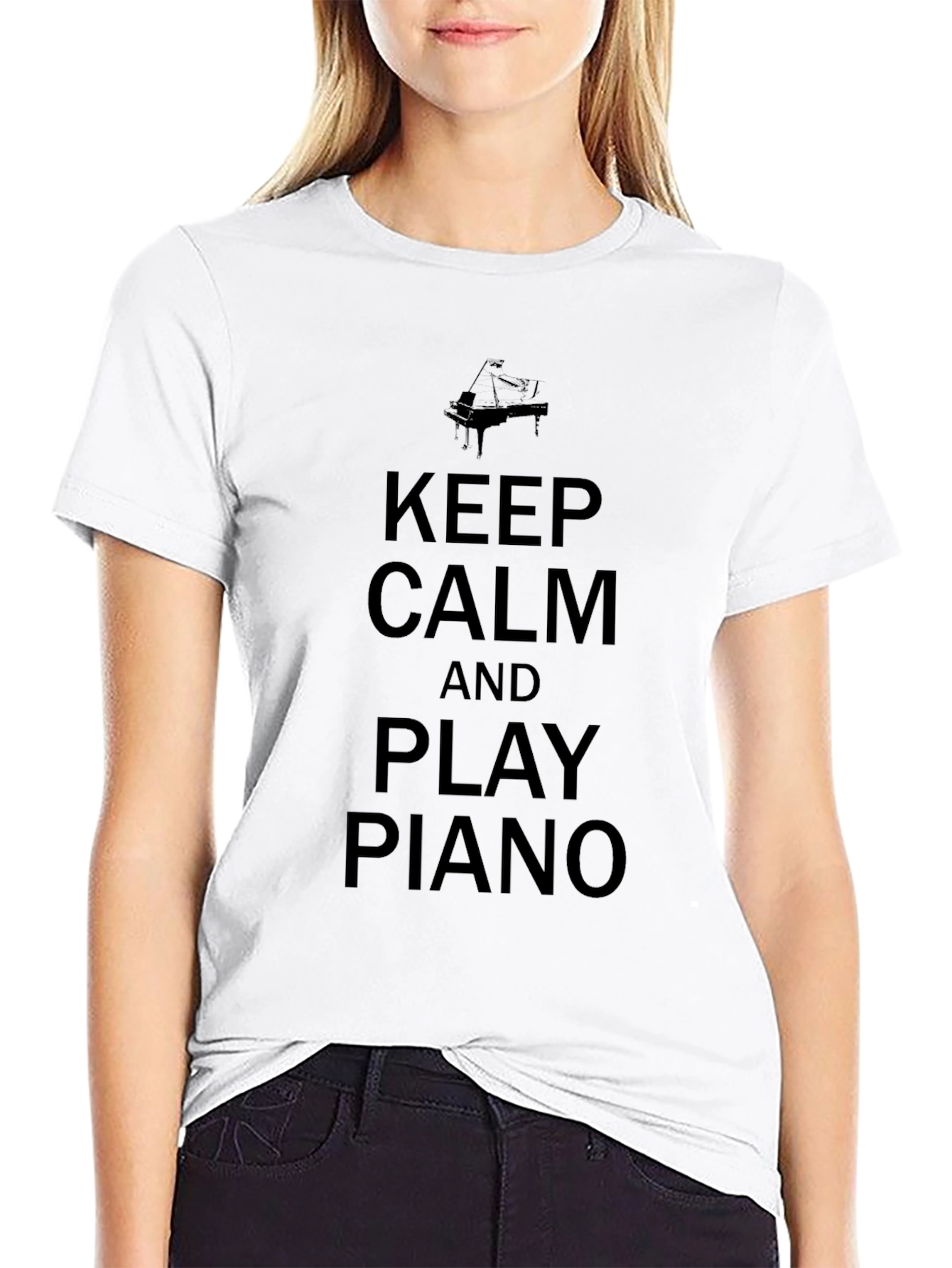 Camiseta Negra: Keep Calm y Play Piano