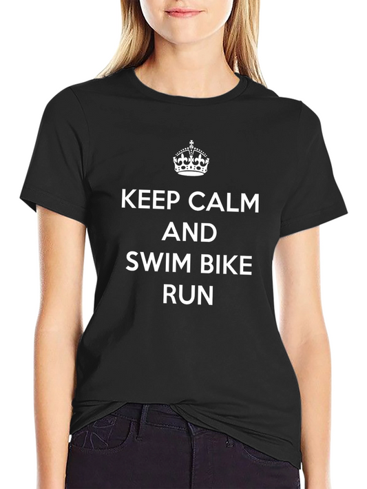 Camiseta Negra: Keep Calm Swim Bike Run