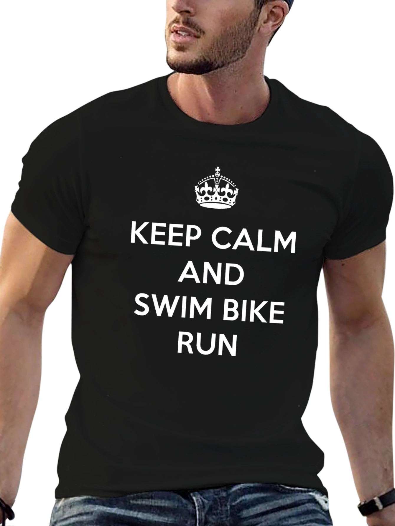 Camiseta Negra: Keep Calm Swim Bike Run