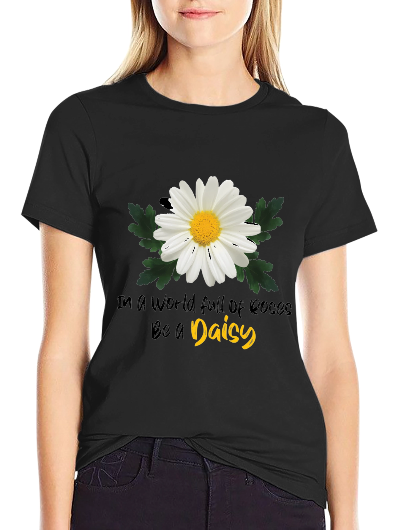 Camiseta Negra con Diseño de Margarita Inspiracional