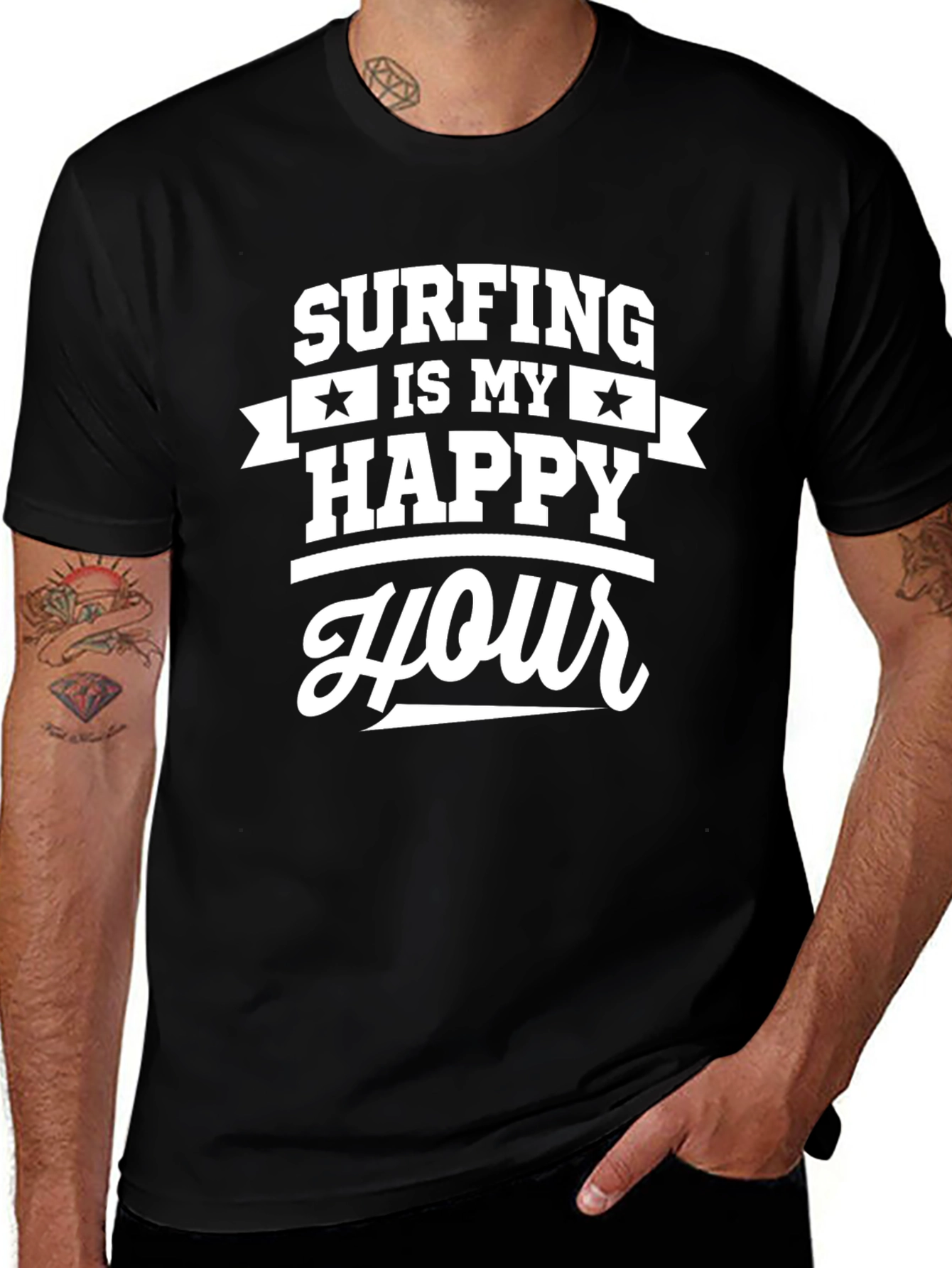 Camiseta Negra Surfing Is My Happy Hour