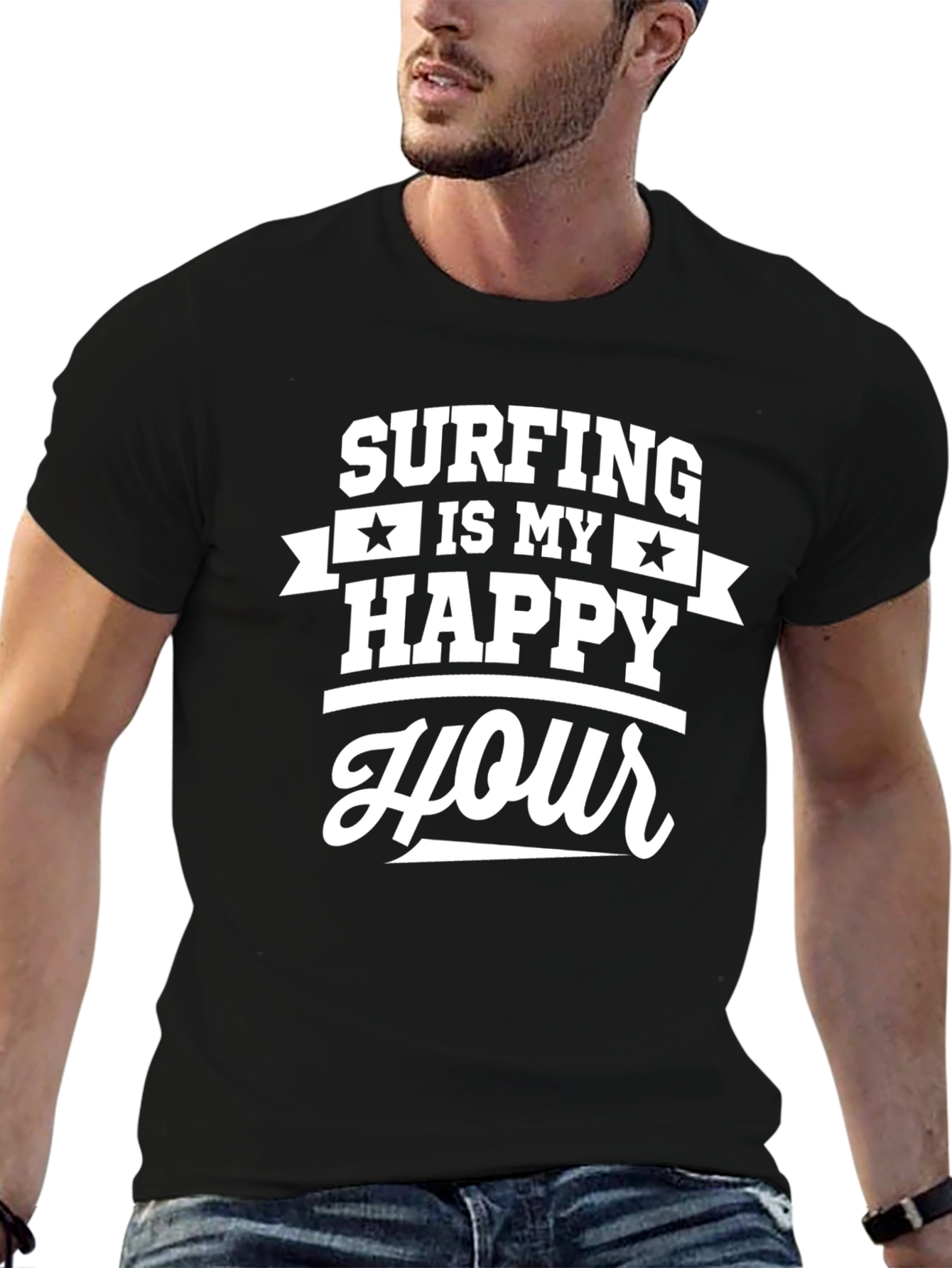 Camiseta Negra Surfing Is My Happy Hour