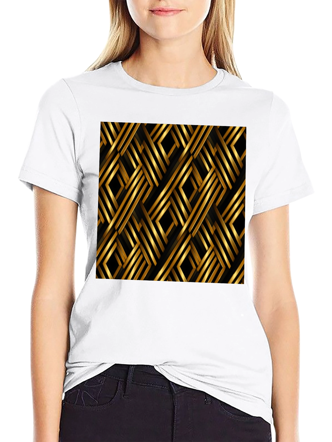 Camiseta Negra con Diseño Geométrico Dorado