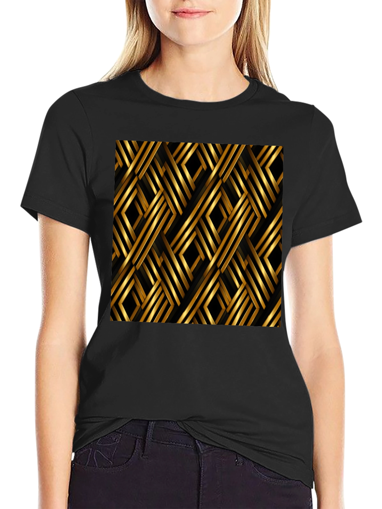 Camiseta Negra con Diseño Geométrico Dorado