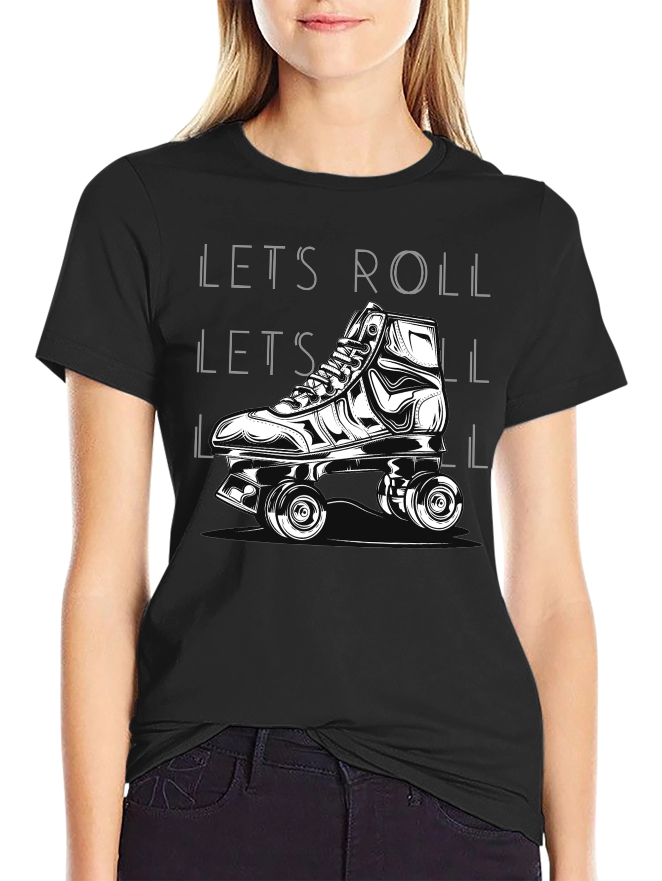 Camiseta Negra Lets Roll Patines Retro