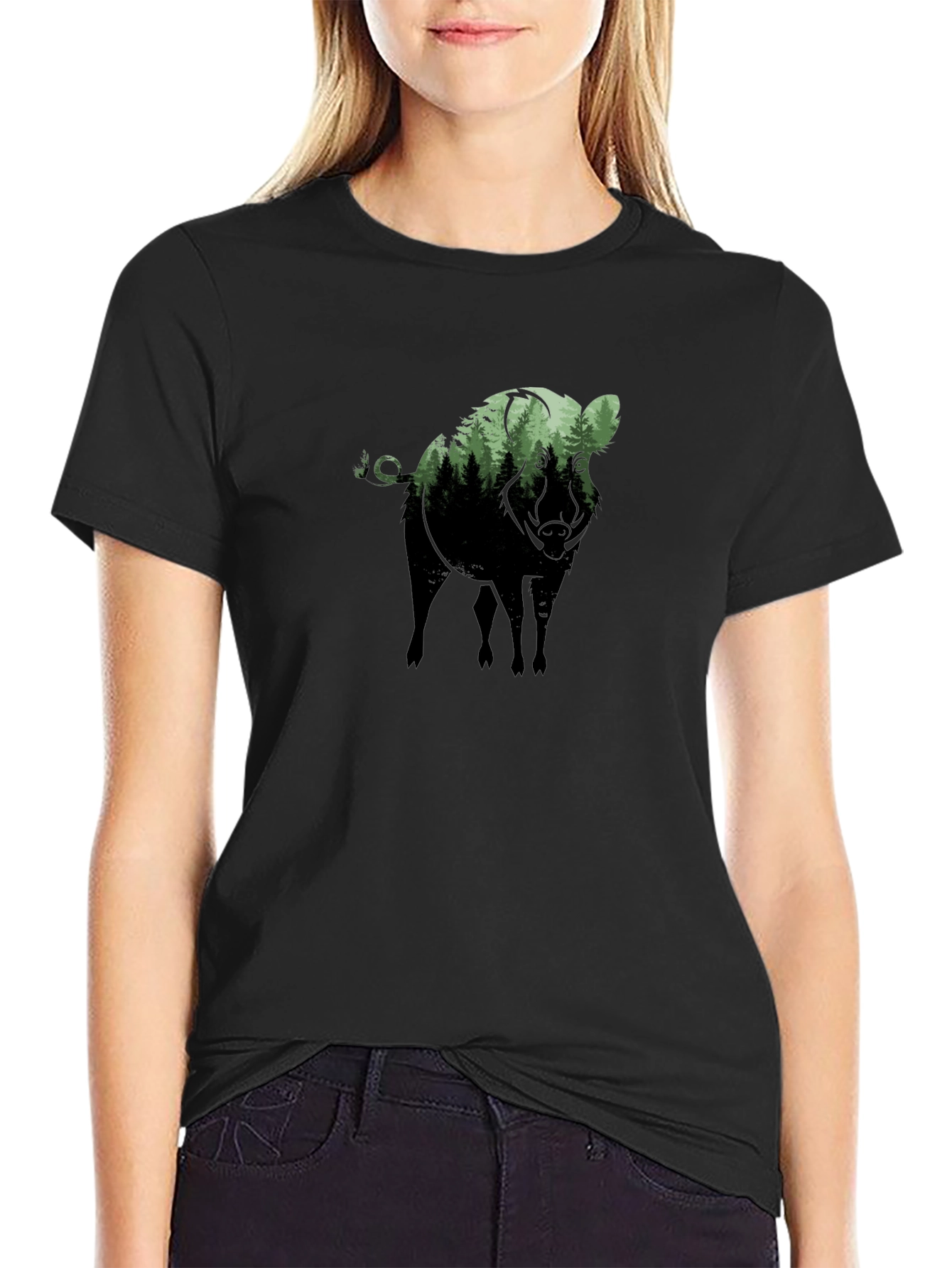 Camiseta Negra con Diseño de Jabalí Bosque