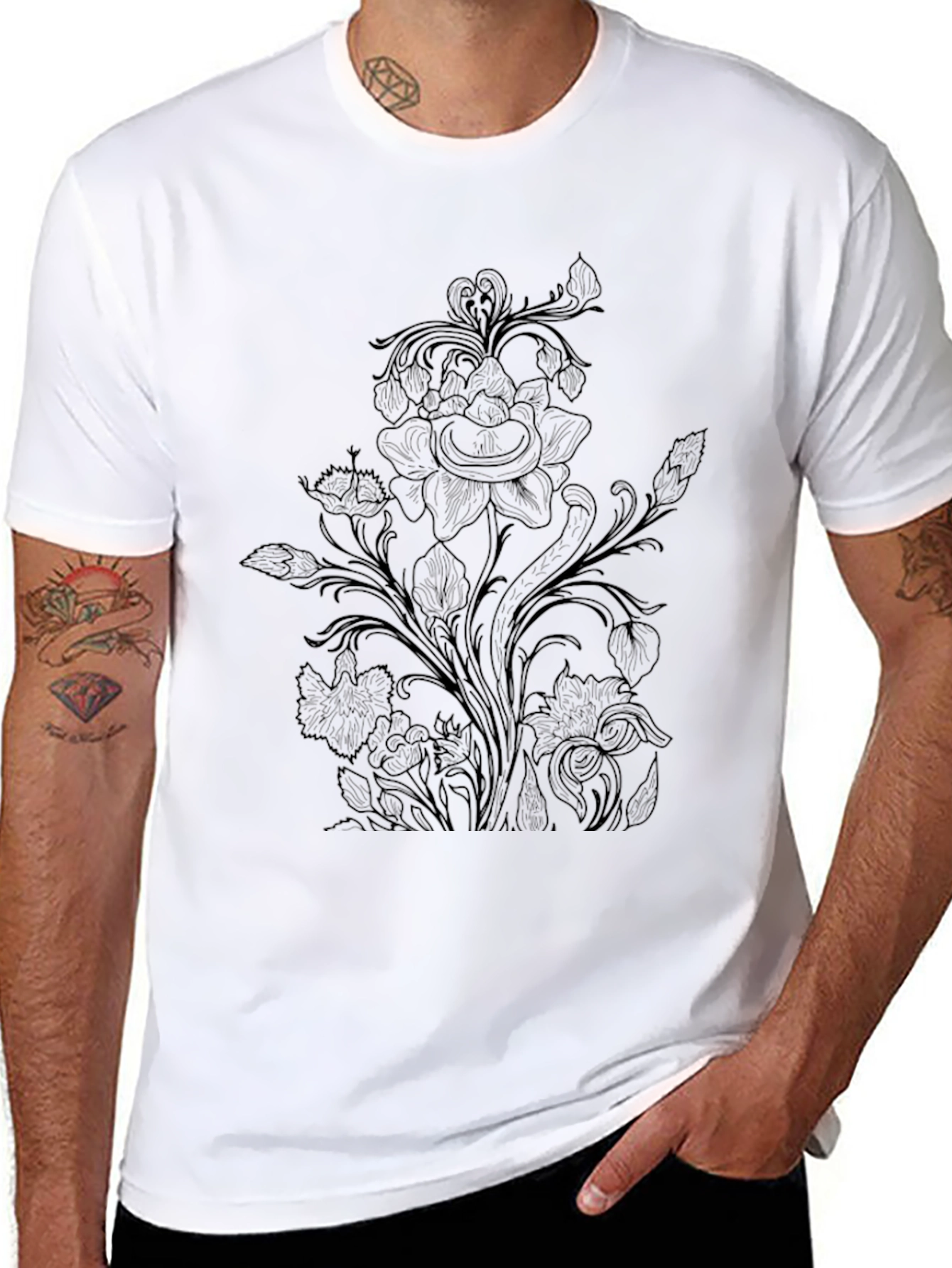 Camiseta Negra con Diseño Floral para Hombre