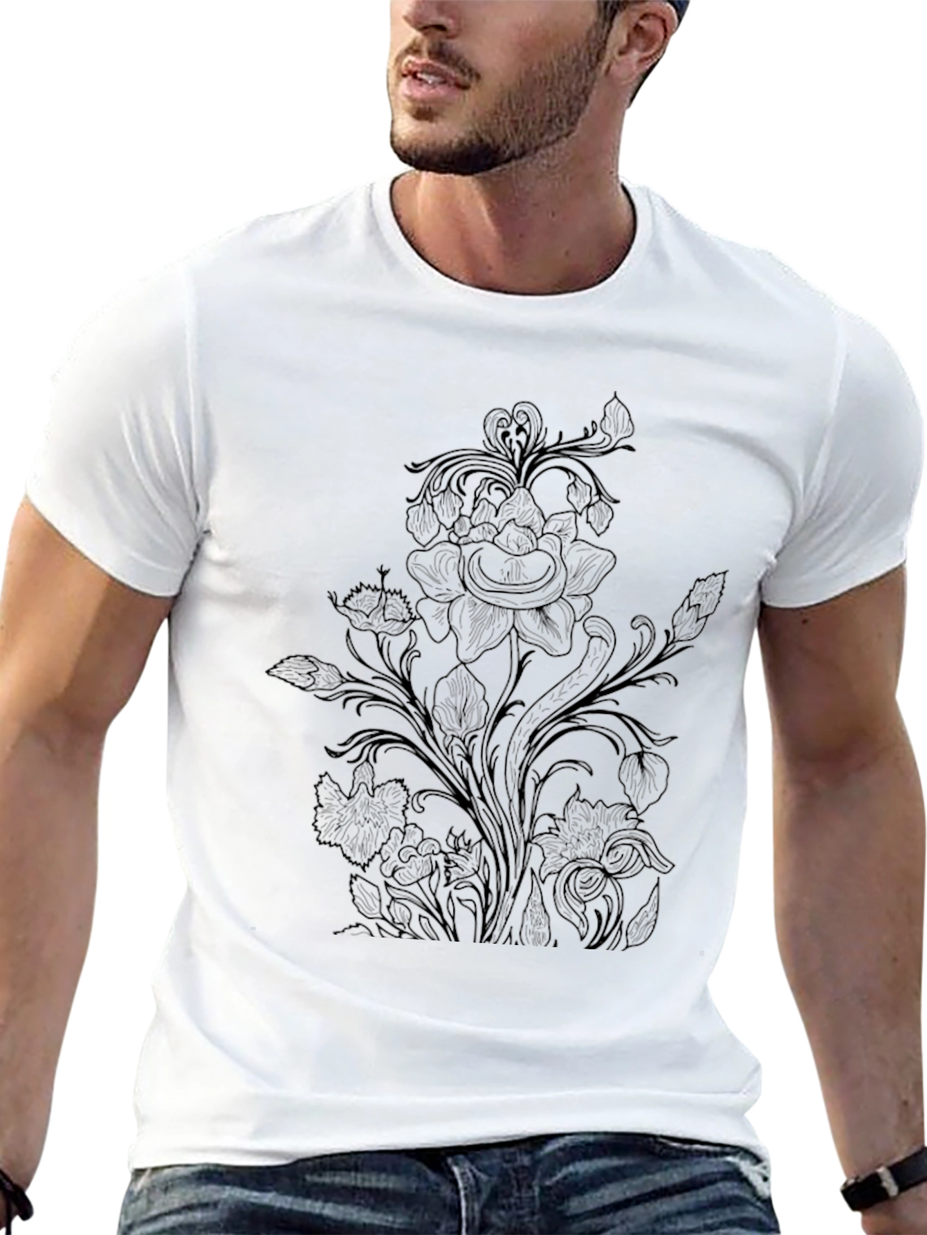 Camiseta Negra con Diseño Floral para Hombre