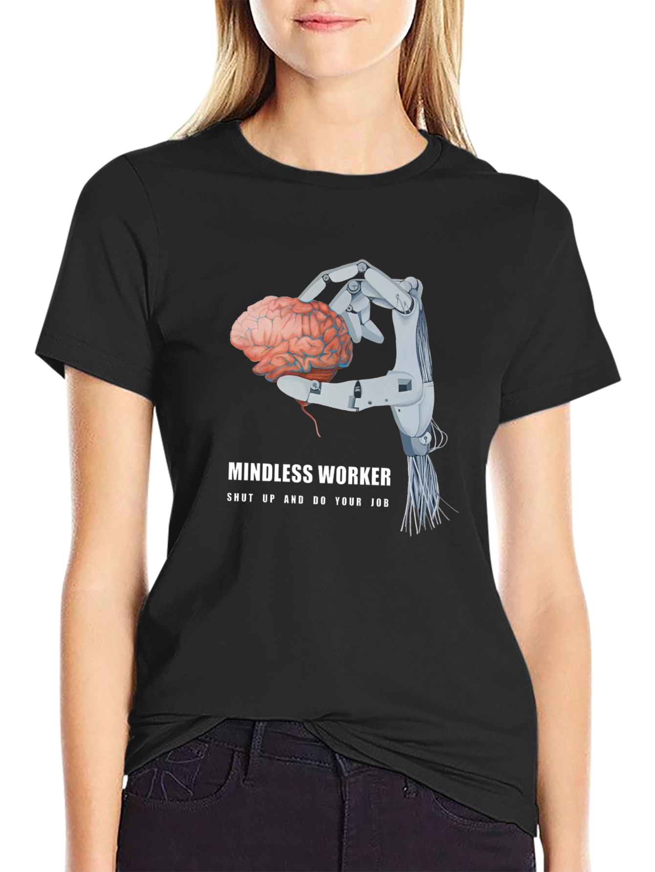 Camiseta Negra: Cerebro en Mano Robótica - Trabajo