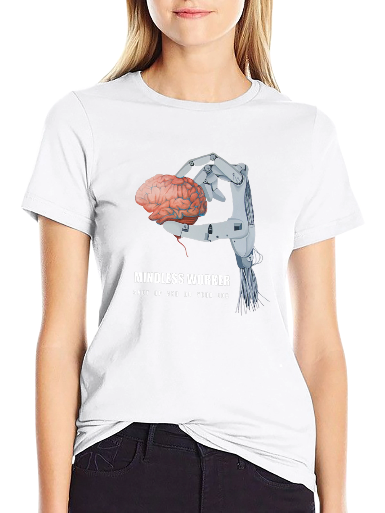 Camiseta Negra: Cerebro en Mano Robótica - Trabajo