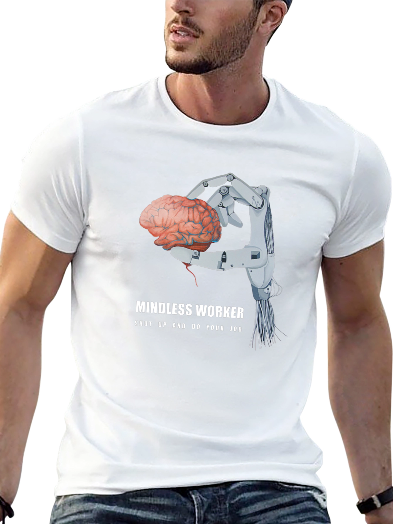 Camiseta Negra: Cerebro en Mano Robótica - Trabajo