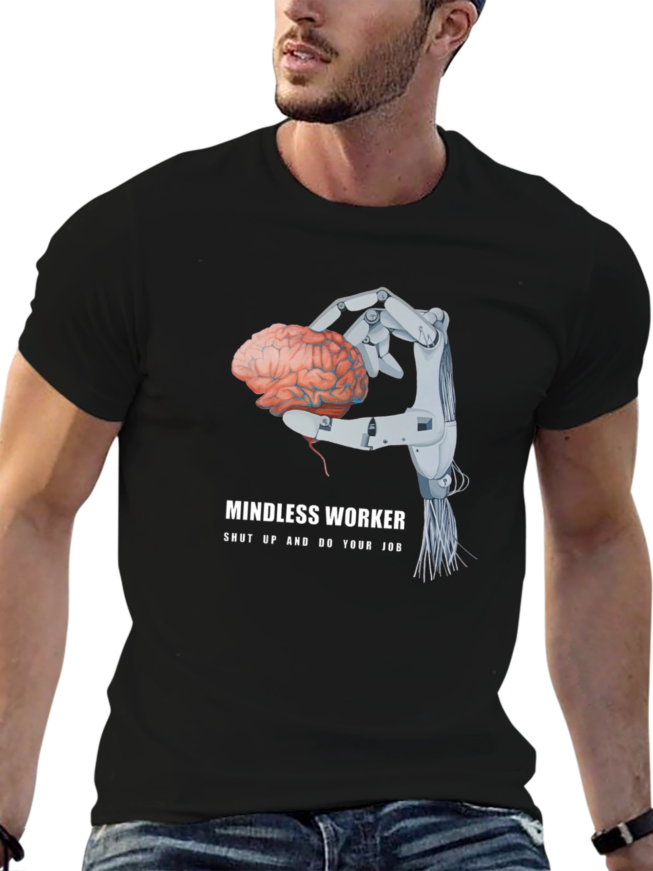 Camiseta Negra: Cerebro en Mano Robótica - Trabajo