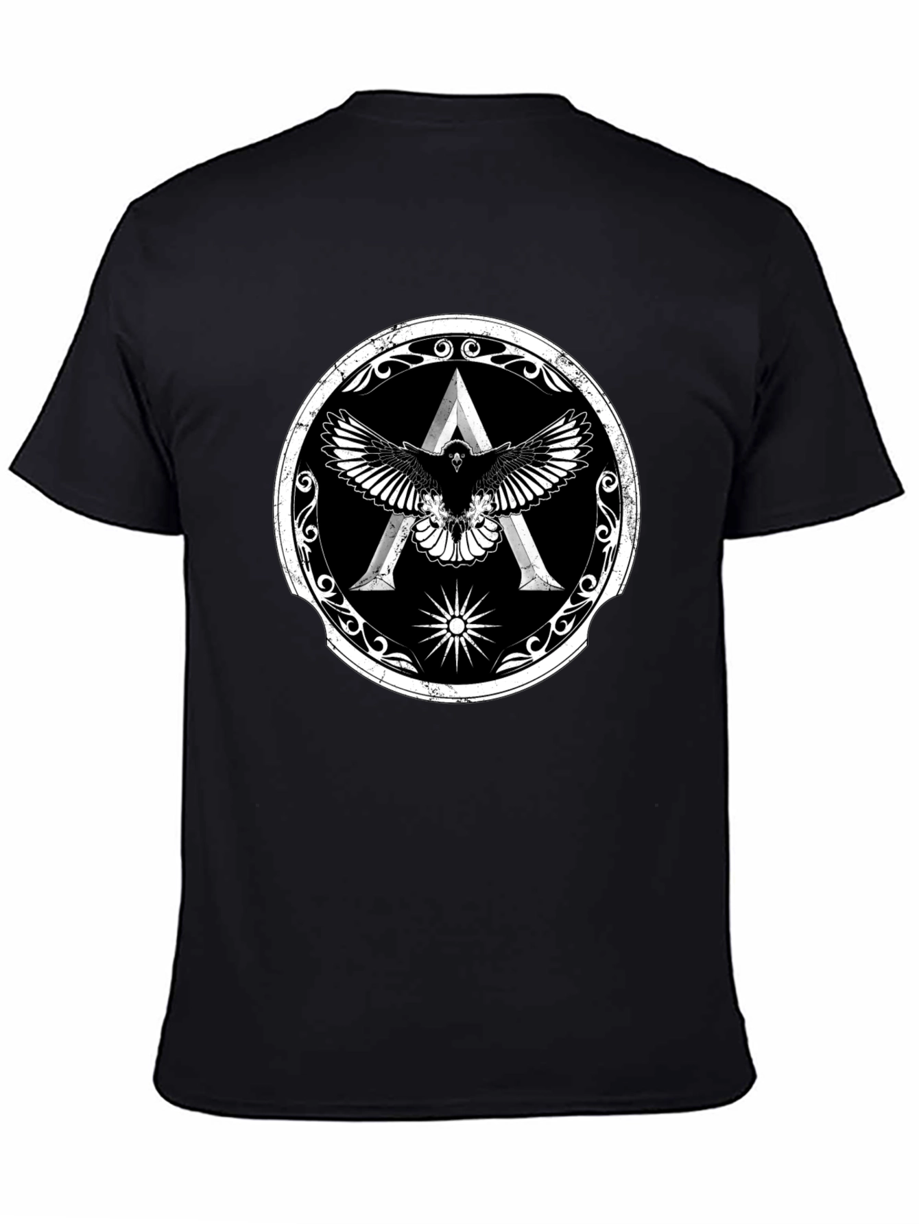 Camiseta Negra con Diseño de Águila y Símbolo Griego