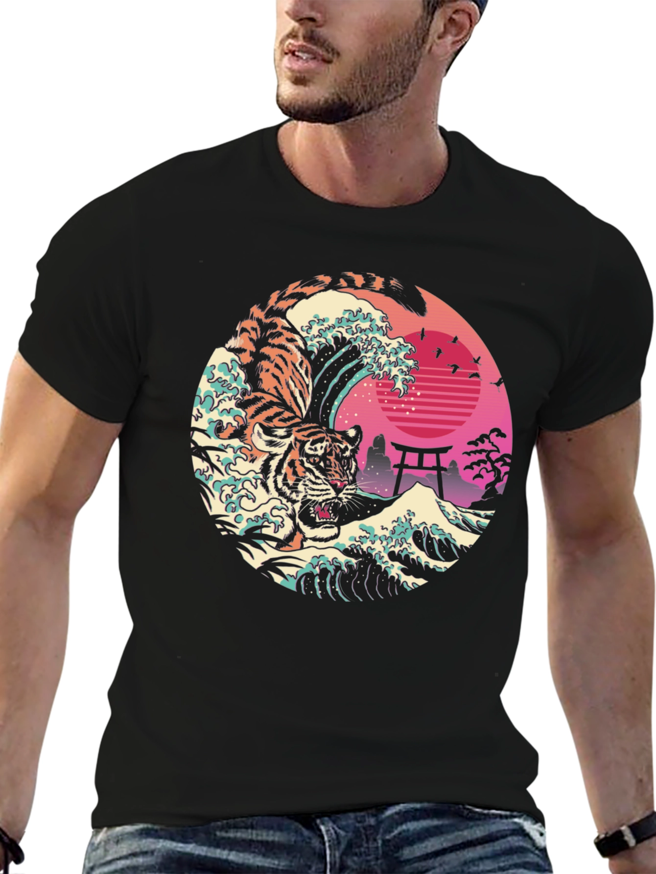 Camiseta Negra Tigre Ola Japonesa Estampada