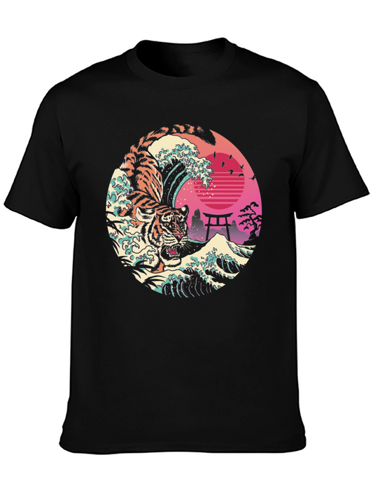 Camiseta Negra Tigre Ola Japonesa Estampada