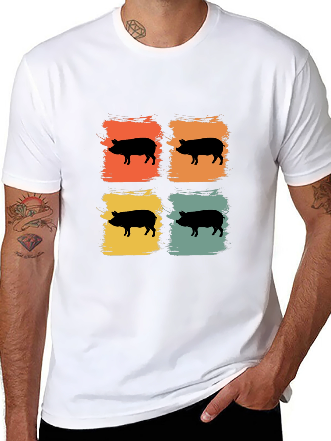 Camiseta Negra con Estampado Retro de Cerdos