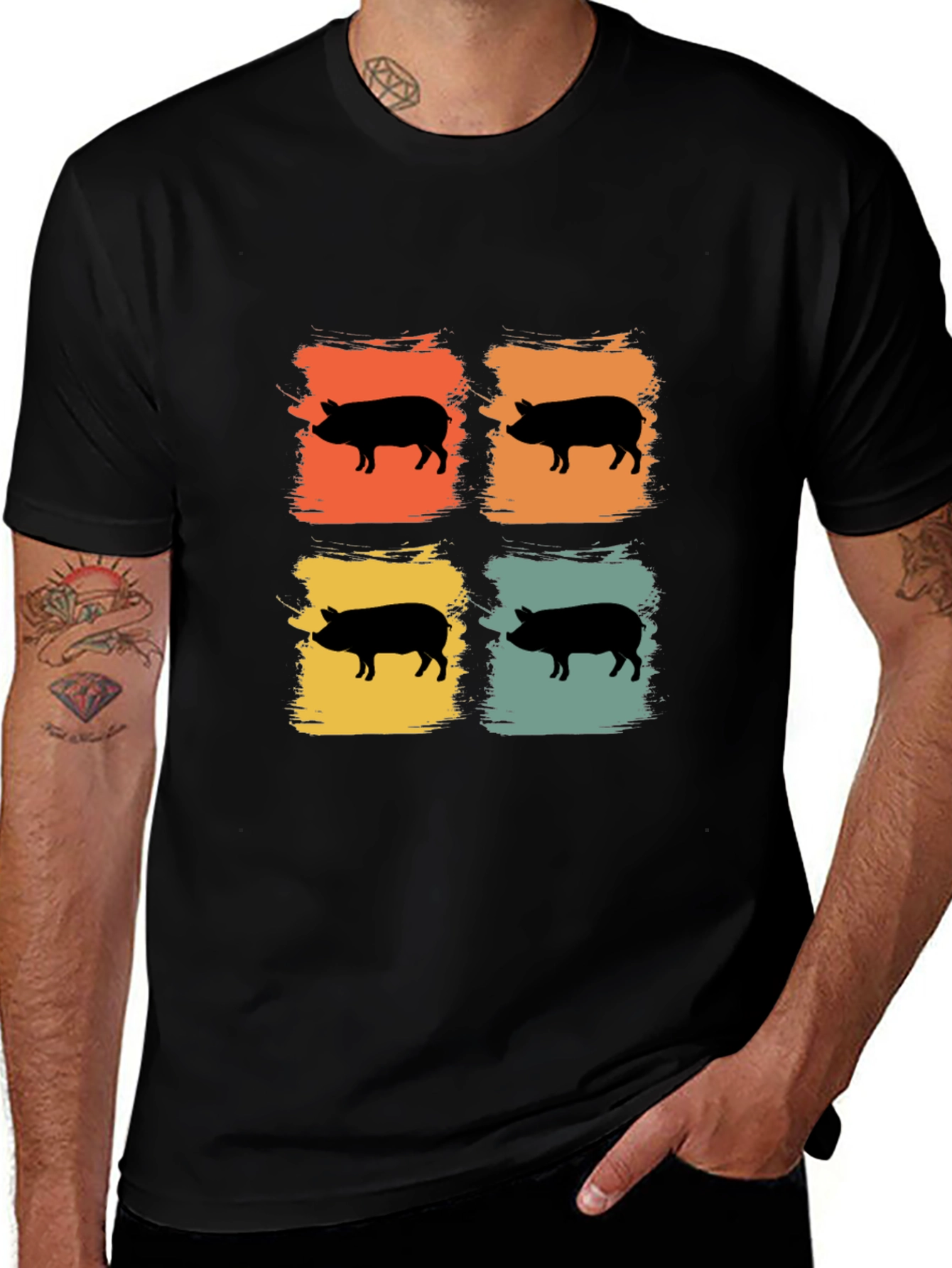 Camiseta Negra con Estampado Retro de Cerdos