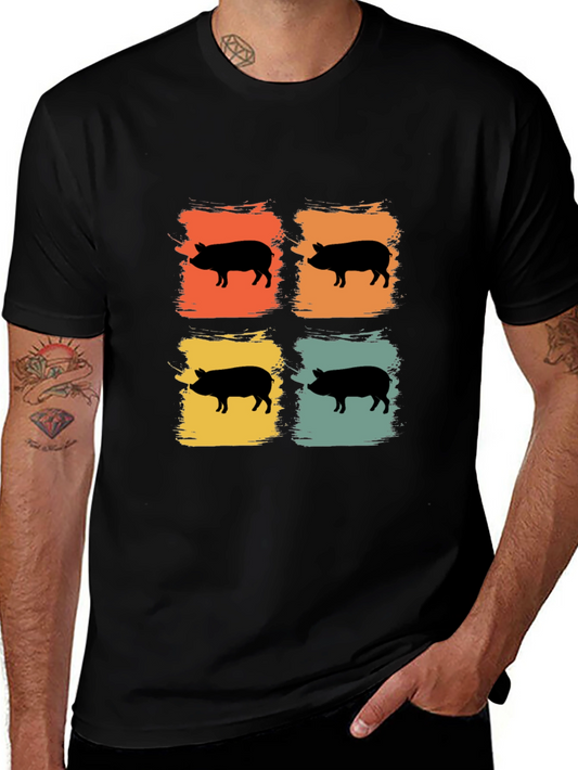 Camiseta Negra con Estampado Retro de Cerdos