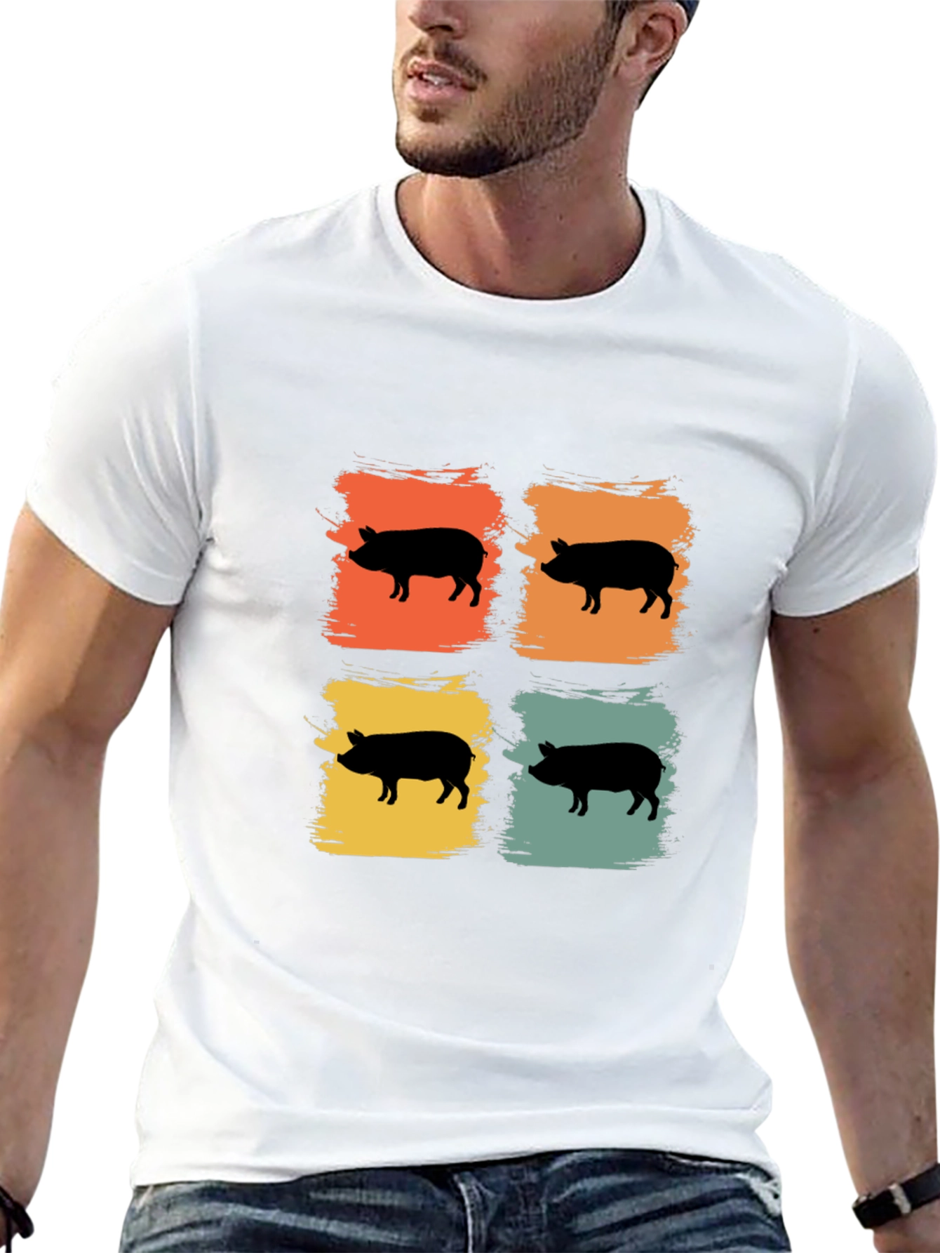 Camiseta Negra con Estampado Retro de Cerdos