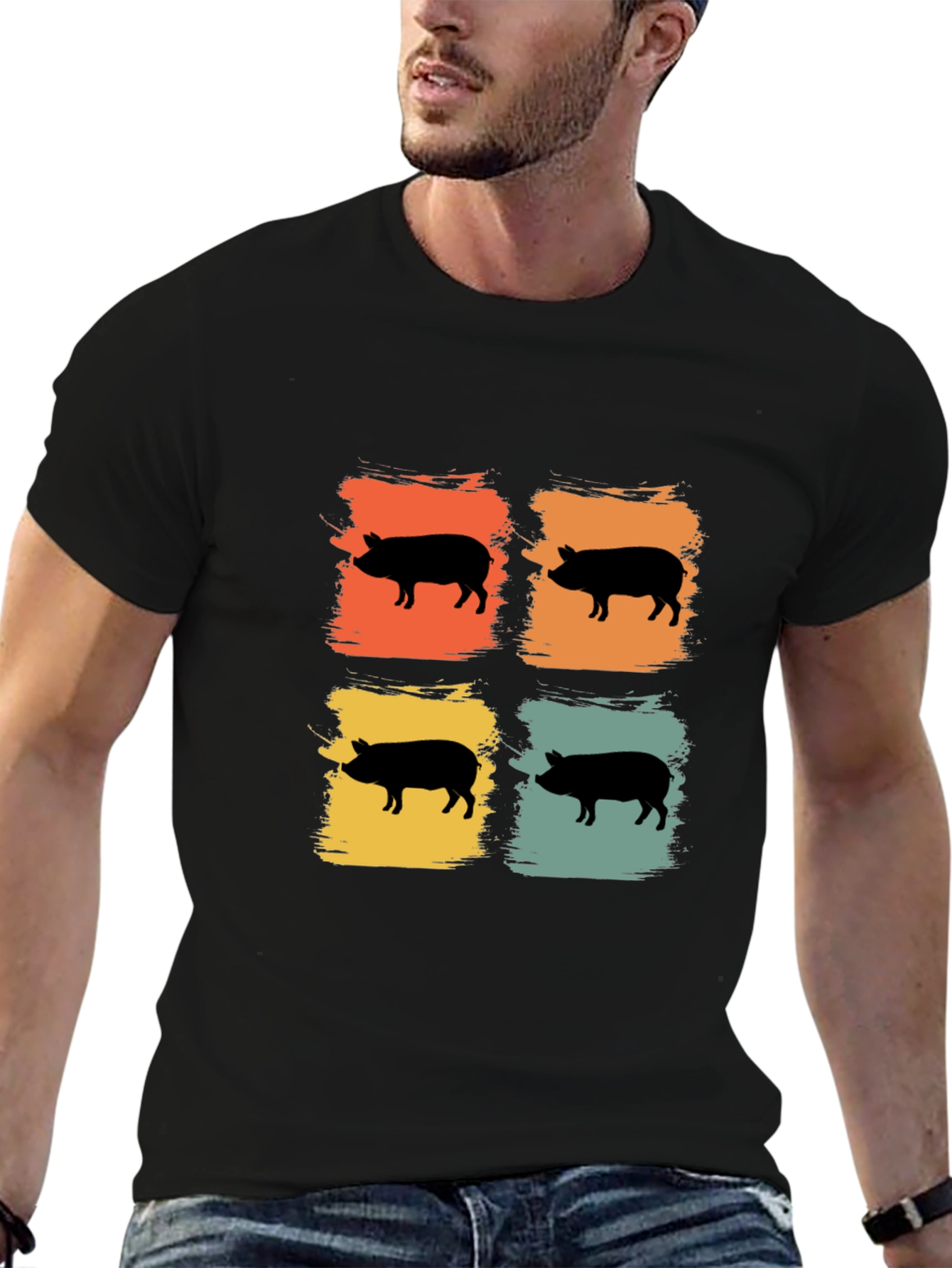 Camiseta Negra con Estampado Retro de Cerdos
