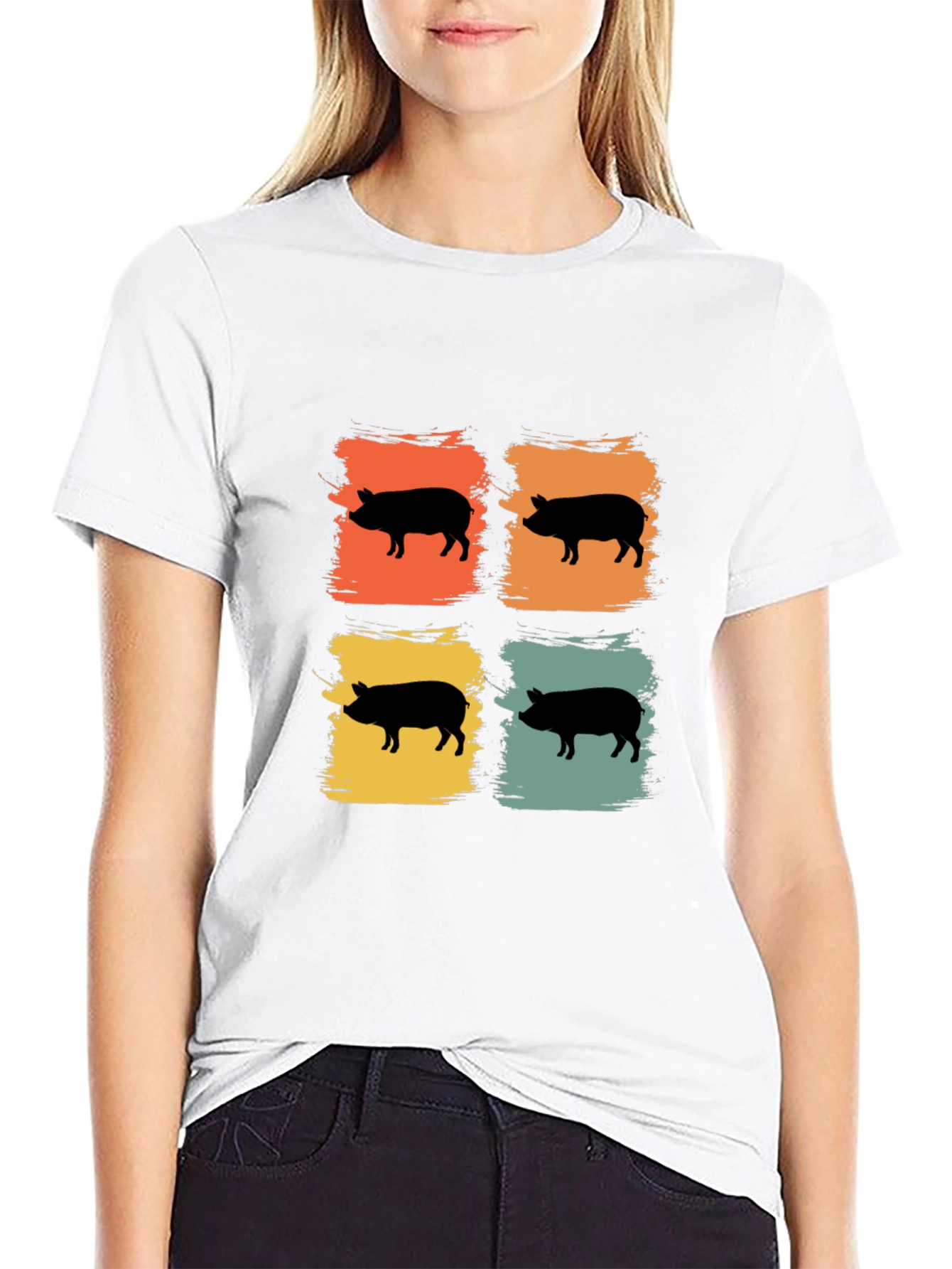 Camiseta Negra con Estampado Retro de Cerdos