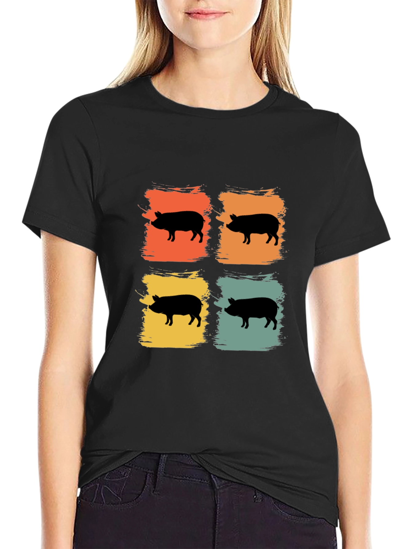 Camiseta Negra con Estampado Retro de Cerdos