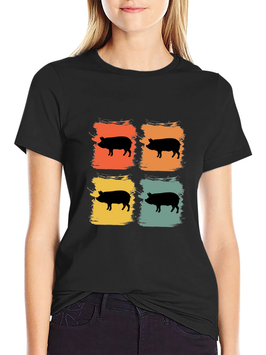 Camiseta Negra con Estampado Retro de Cerdos
