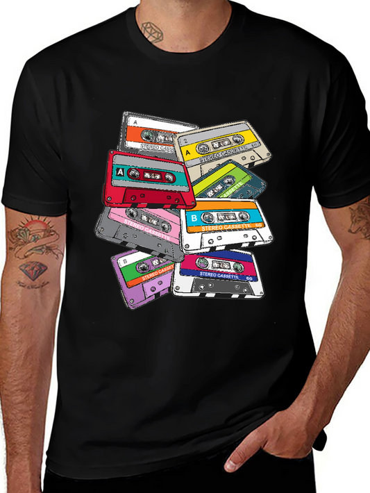 Camiseta Negra con Estampado de Cassettes Retro