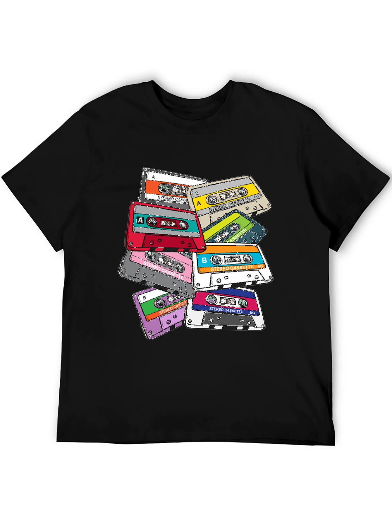 Camiseta Negra con Estampado de Cassettes Retro