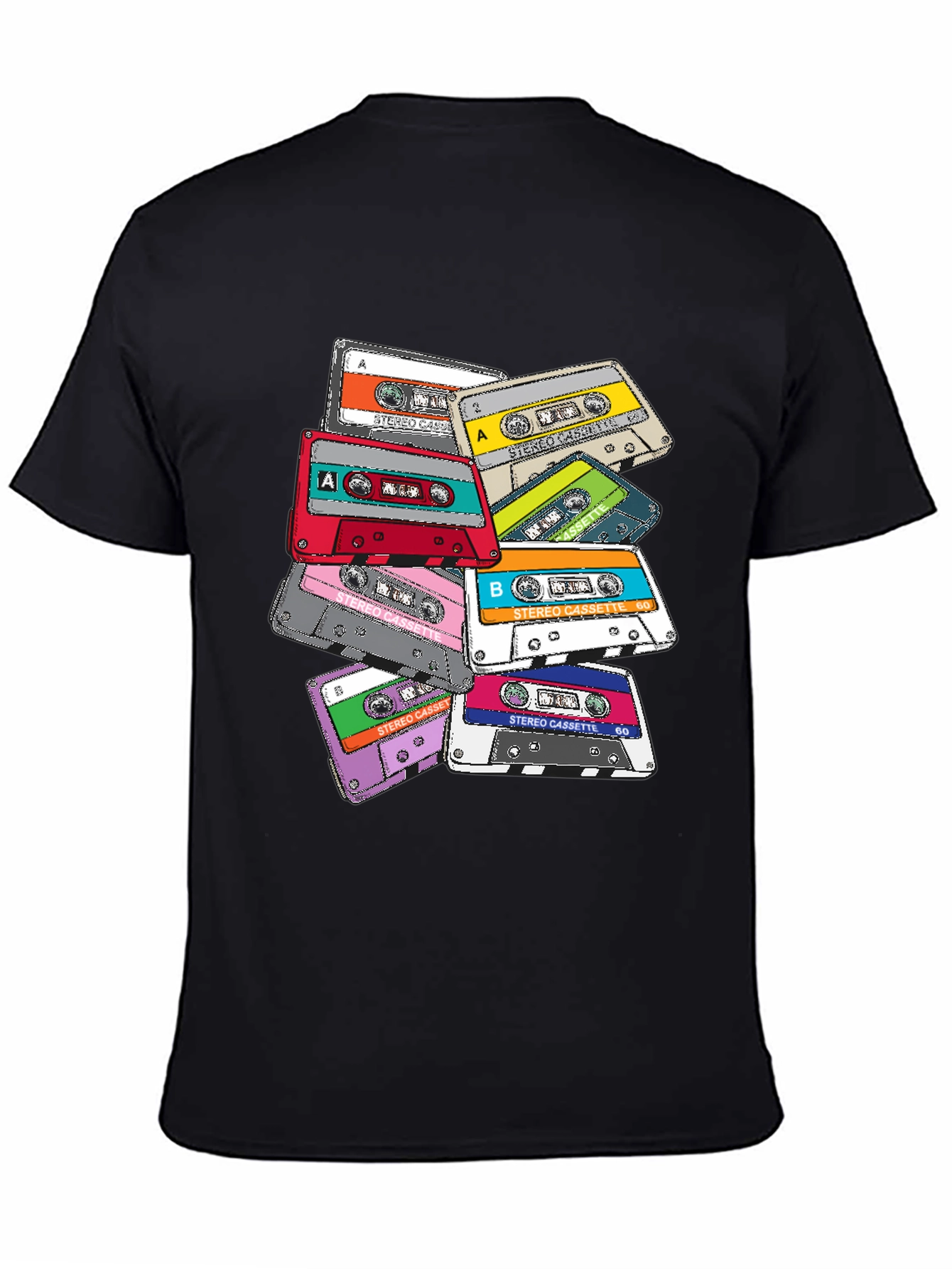 Camiseta Negra con Estampado de Cassettes Retro