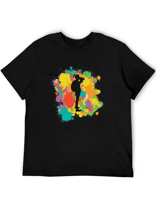 Camiseta Negra con Diseño de Fotógrafa y Salpicaduras de Colores