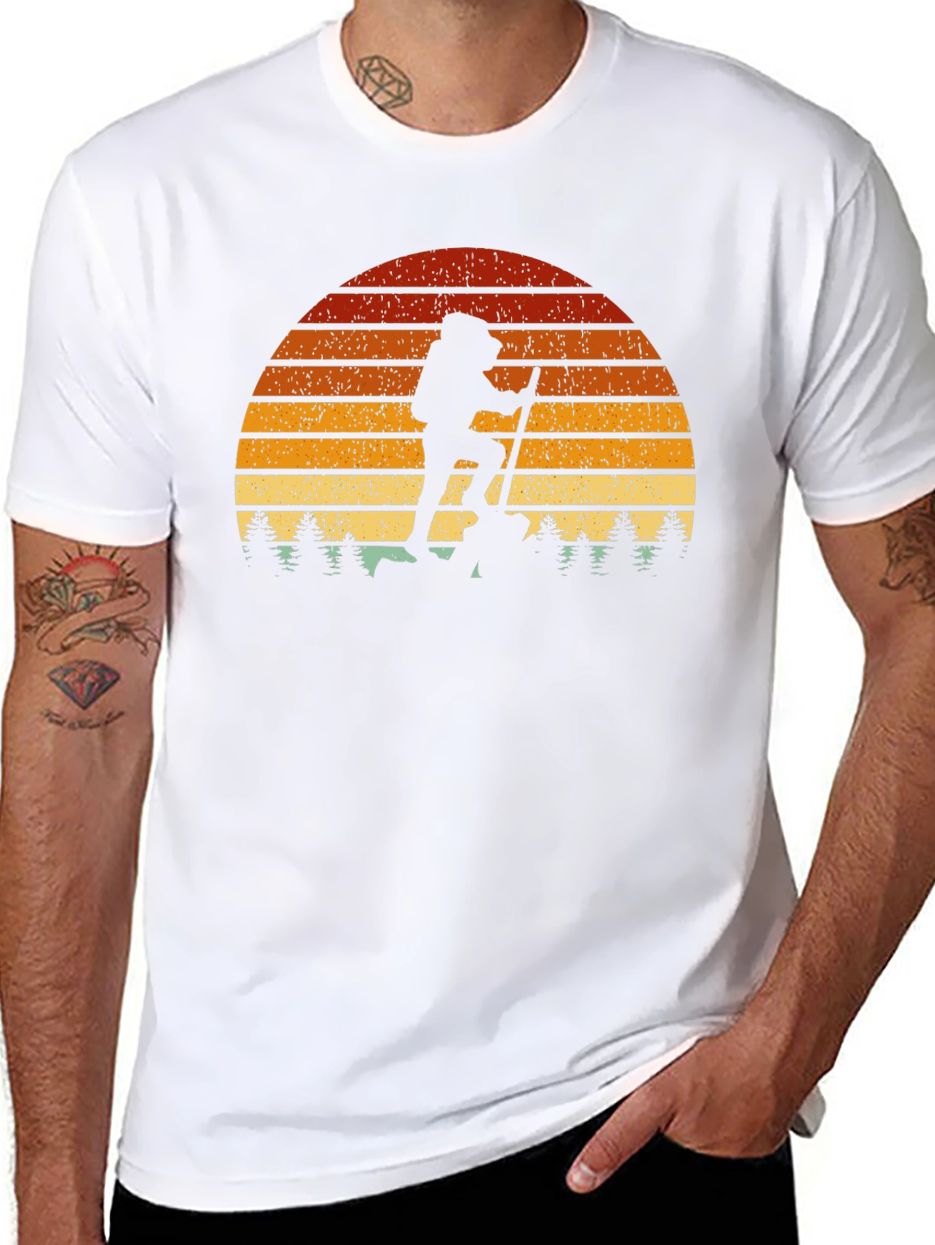Camiseta Hombre Montañismo Retro Atardecer