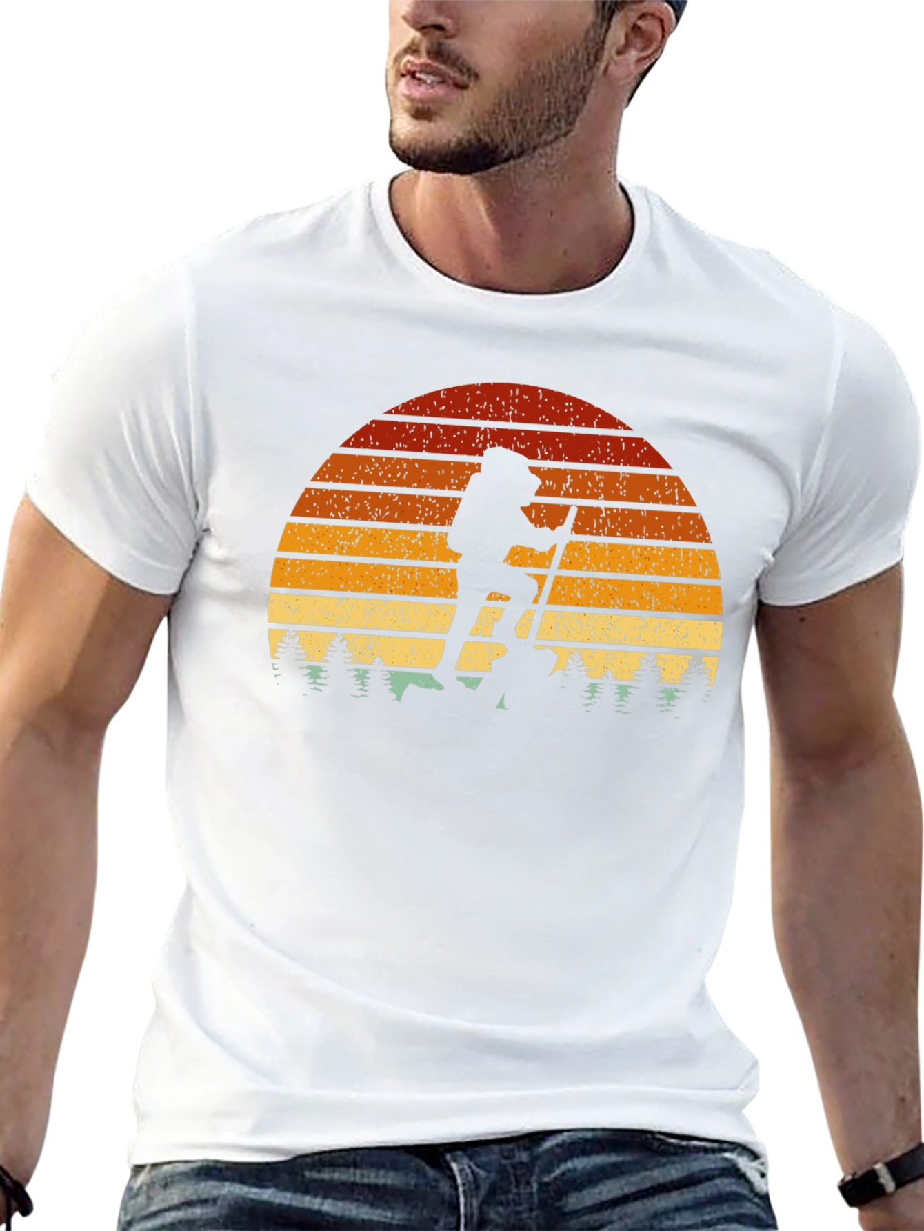 Camiseta Hombre Montañismo Retro Atardecer