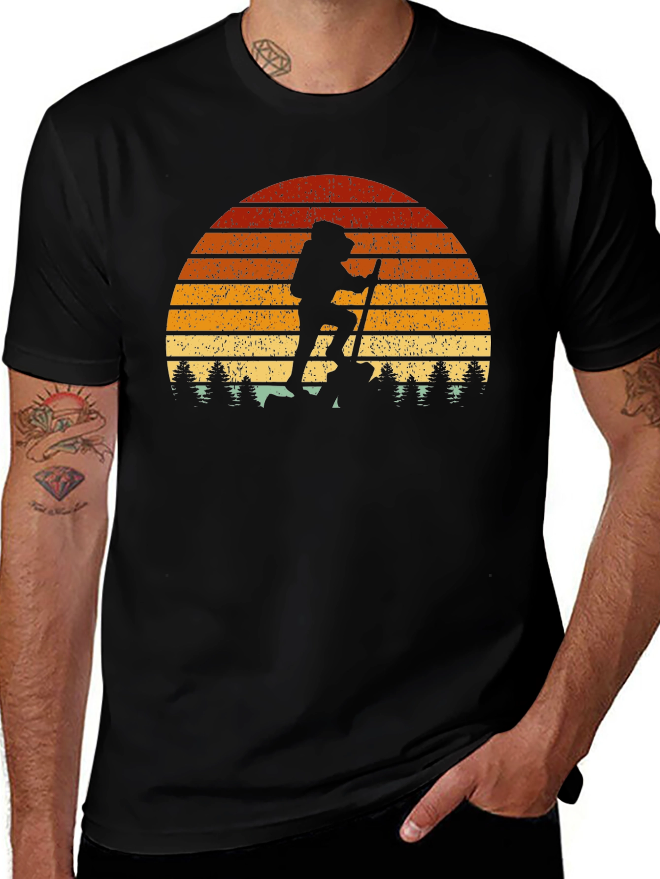 Camiseta Hombre Montañismo Retro Atardecer