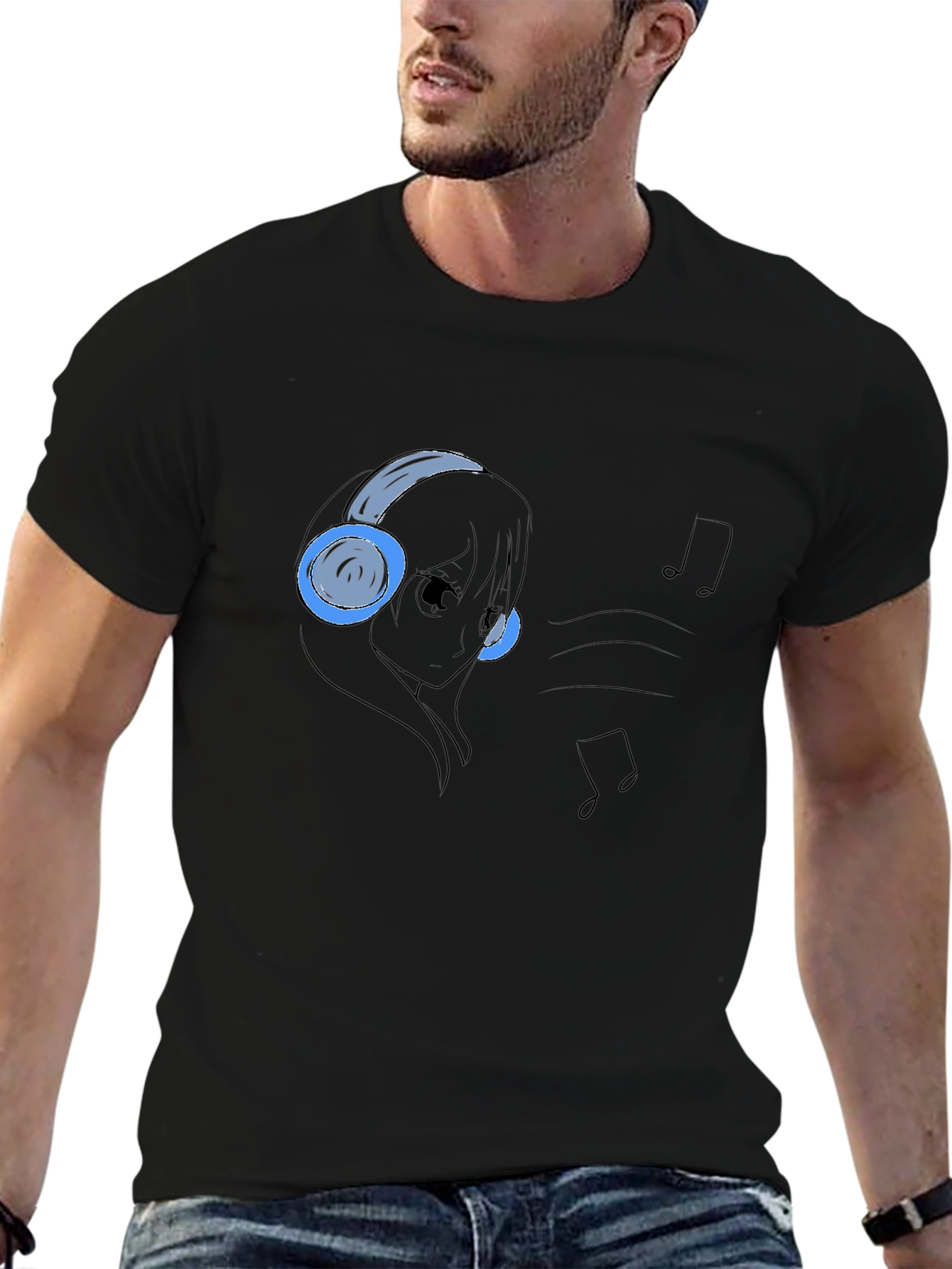 Camiseta Negra con Diseño Anime Musical