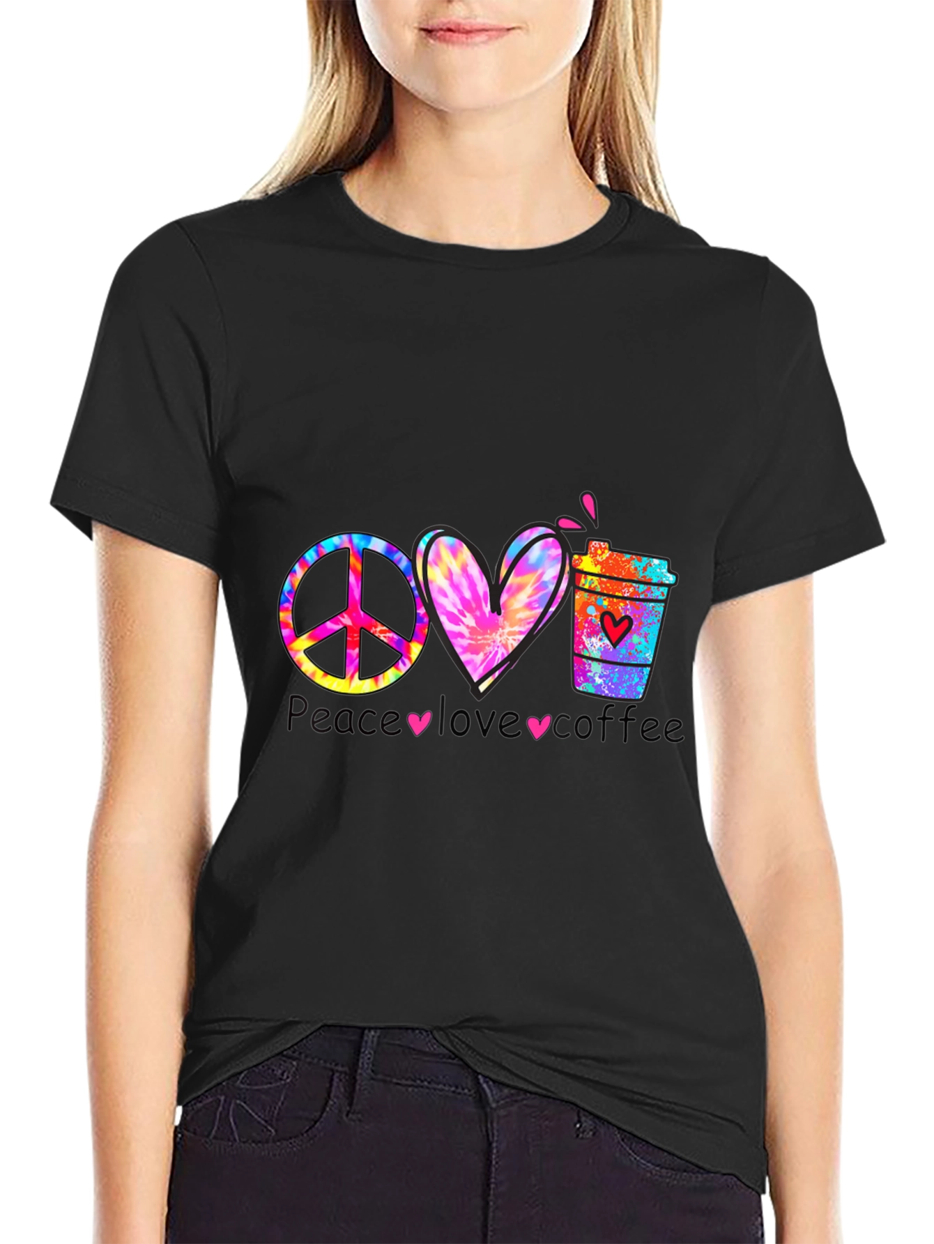 Camiseta Peace Love Coffee Hippie