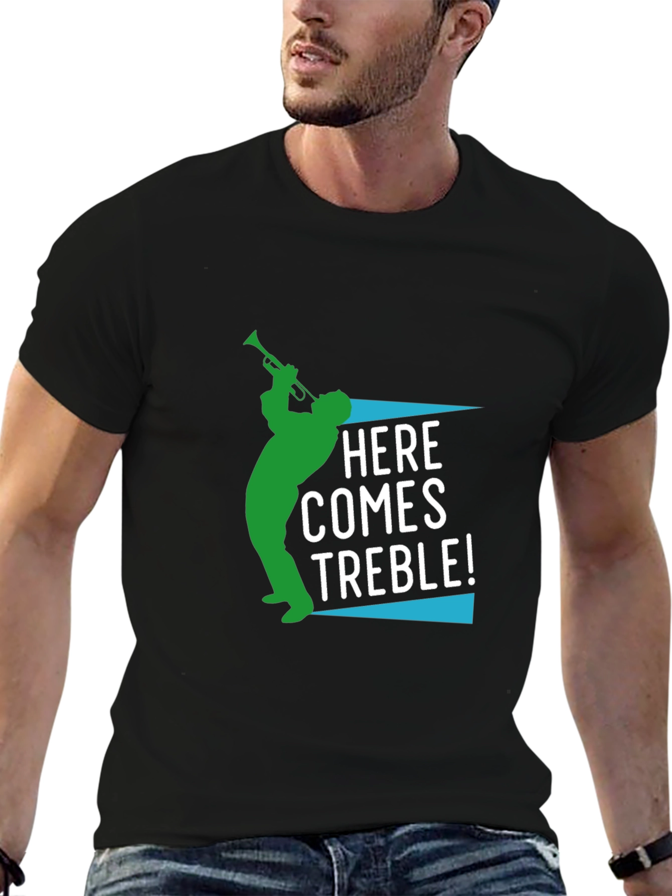 Camiseta Negra Hombre Diseño Aquí Viene Treble