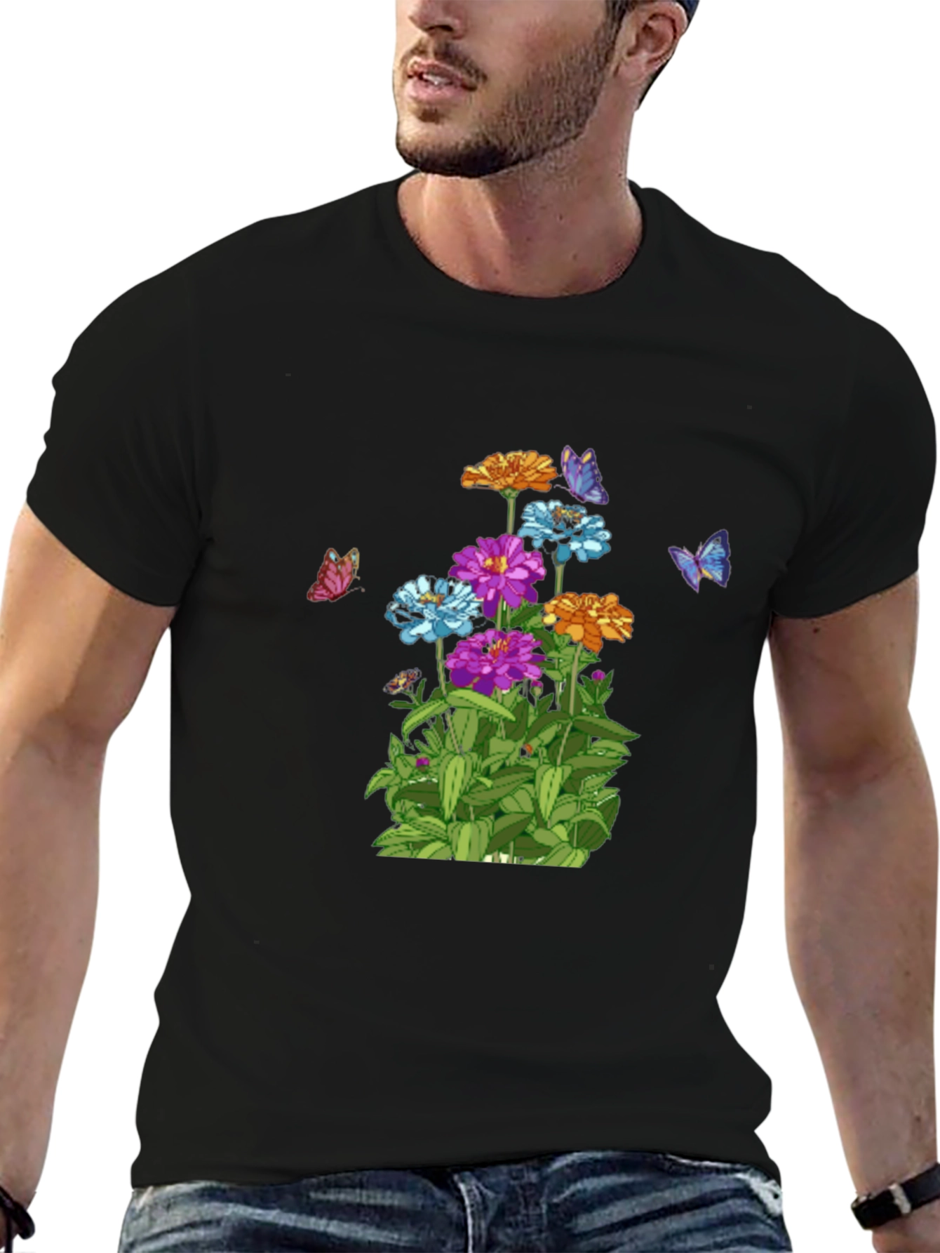 Camiseta Negra con Flores y Mariposas
