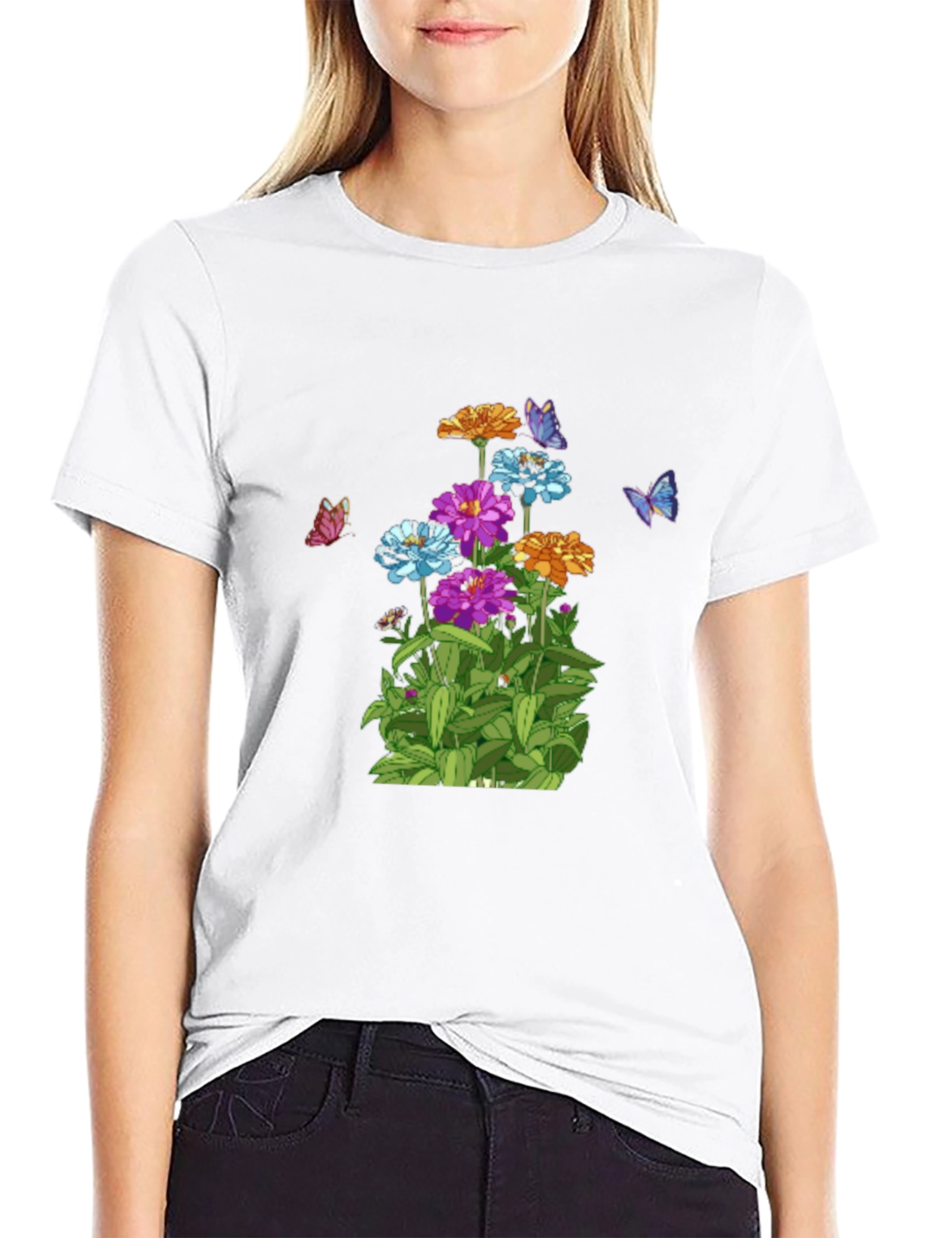 Camiseta Negra con Flores y Mariposas