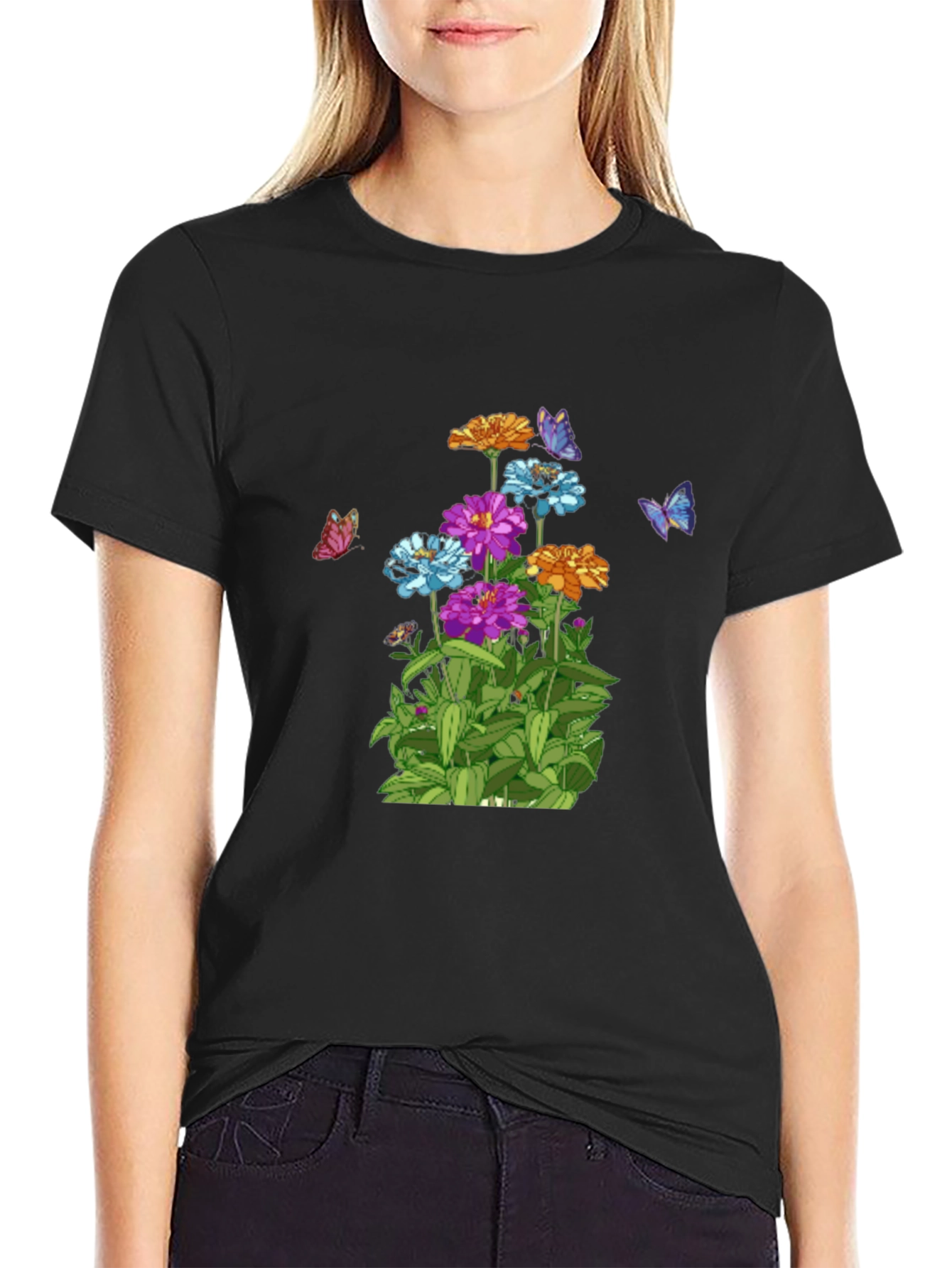 Camiseta Negra con Flores y Mariposas