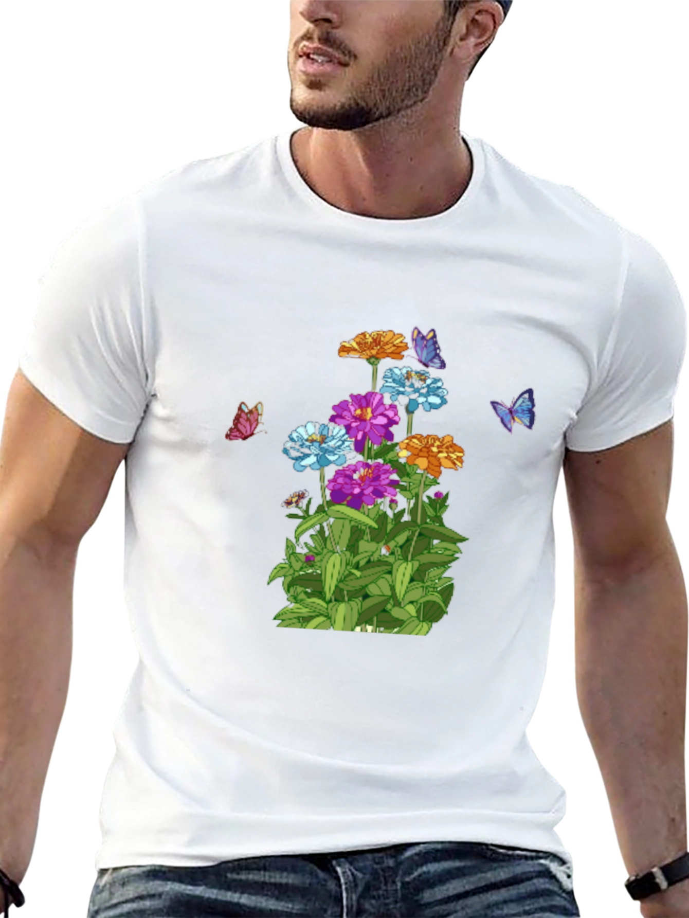 Camiseta Negra con Flores y Mariposas