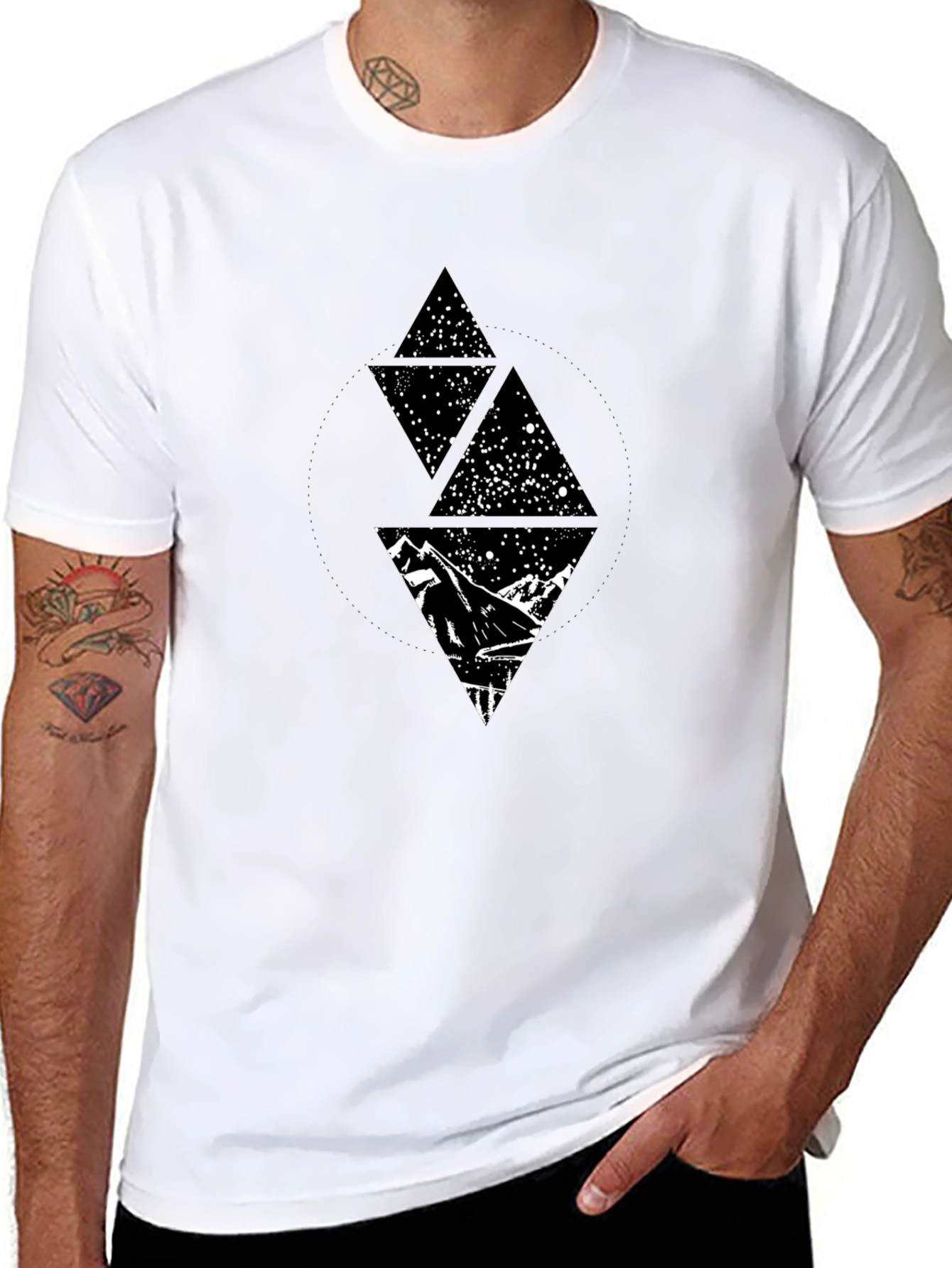 Camiseta Negra Hombre Diseño Montaña y Estrellas