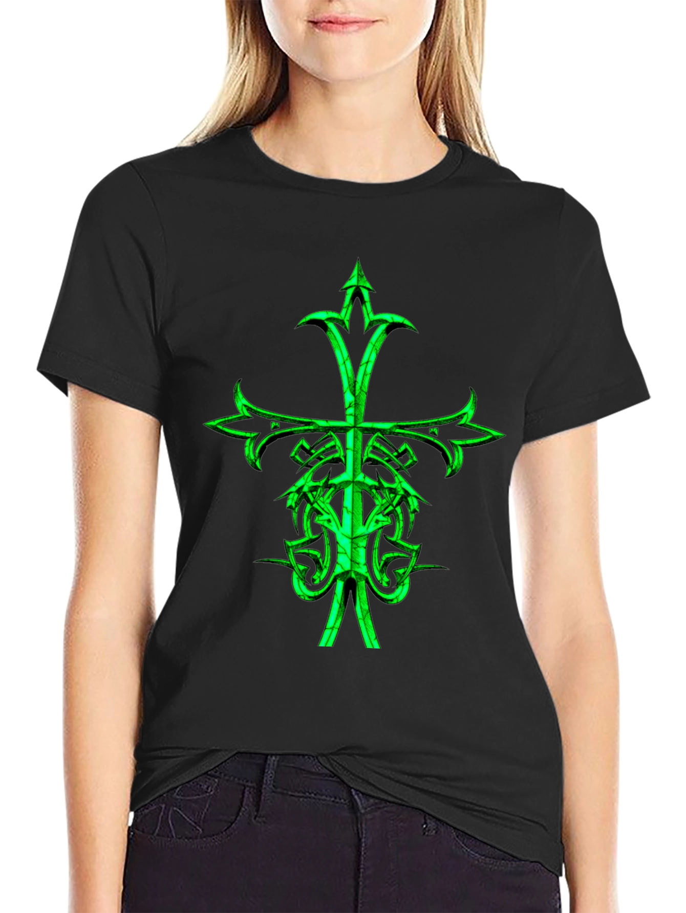 Camiseta Negra con Cruz Celta Verde Neón
