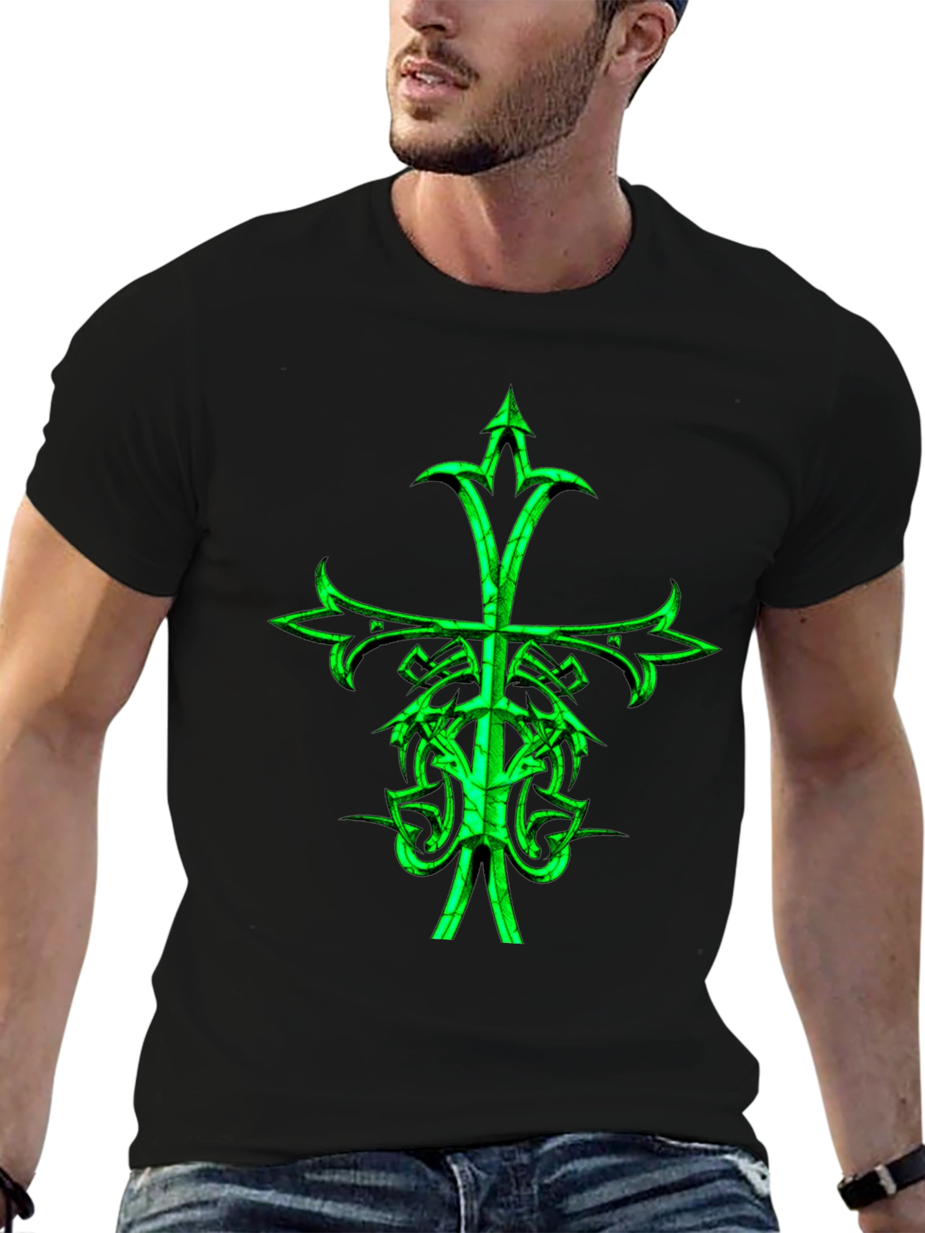 Camiseta Negra con Cruz Celta Verde Neón