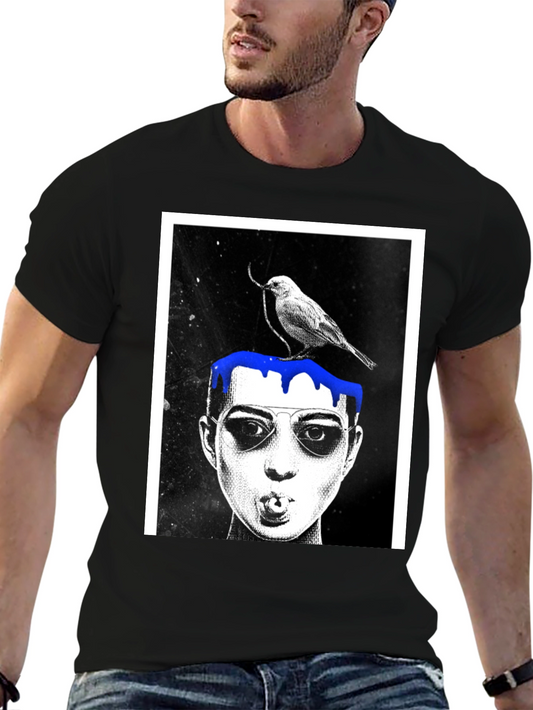 Camiseta Negra con Diseño Artístico de Rostro y Pájaro
