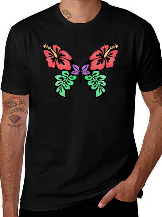 Camiseta Negra con Diseño de Mariposa Floral Hawaiana