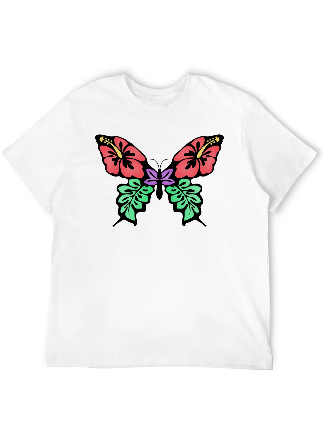 Camiseta Negra con Diseño de Mariposa Floral Hawaiana